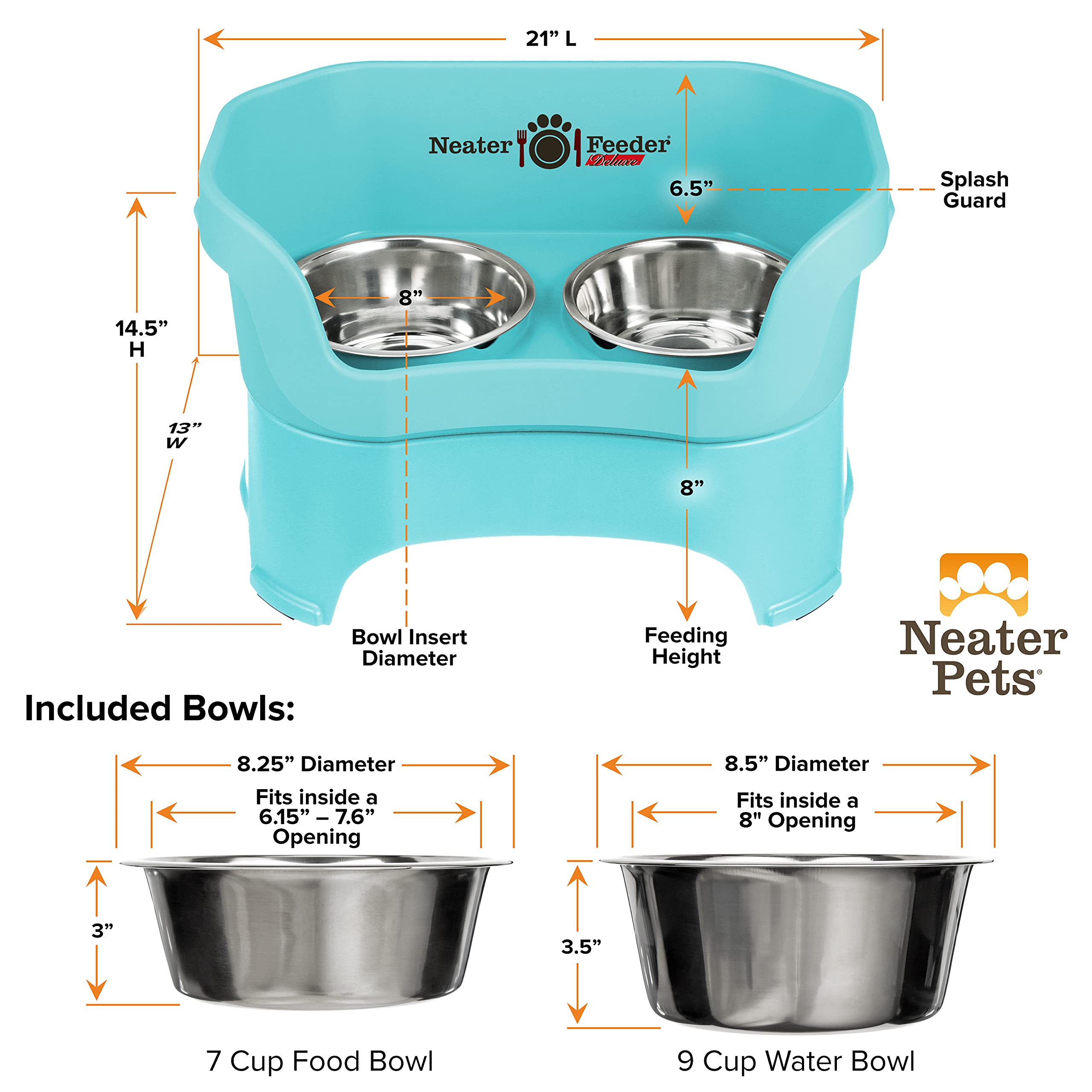 **Neater Feeder Deluxe No-Spill Elevated Dog Bowls for Large Breeds – Stainless Steel Pet Food & Water Bowl Set – Made in USA – Aquamarine – Perfect for Messy Eaters & Clean Home Floors**    *(Use Case: Ideal for large dogs, reduces spills, keeps feeding area tidy, and complements home decor.)*