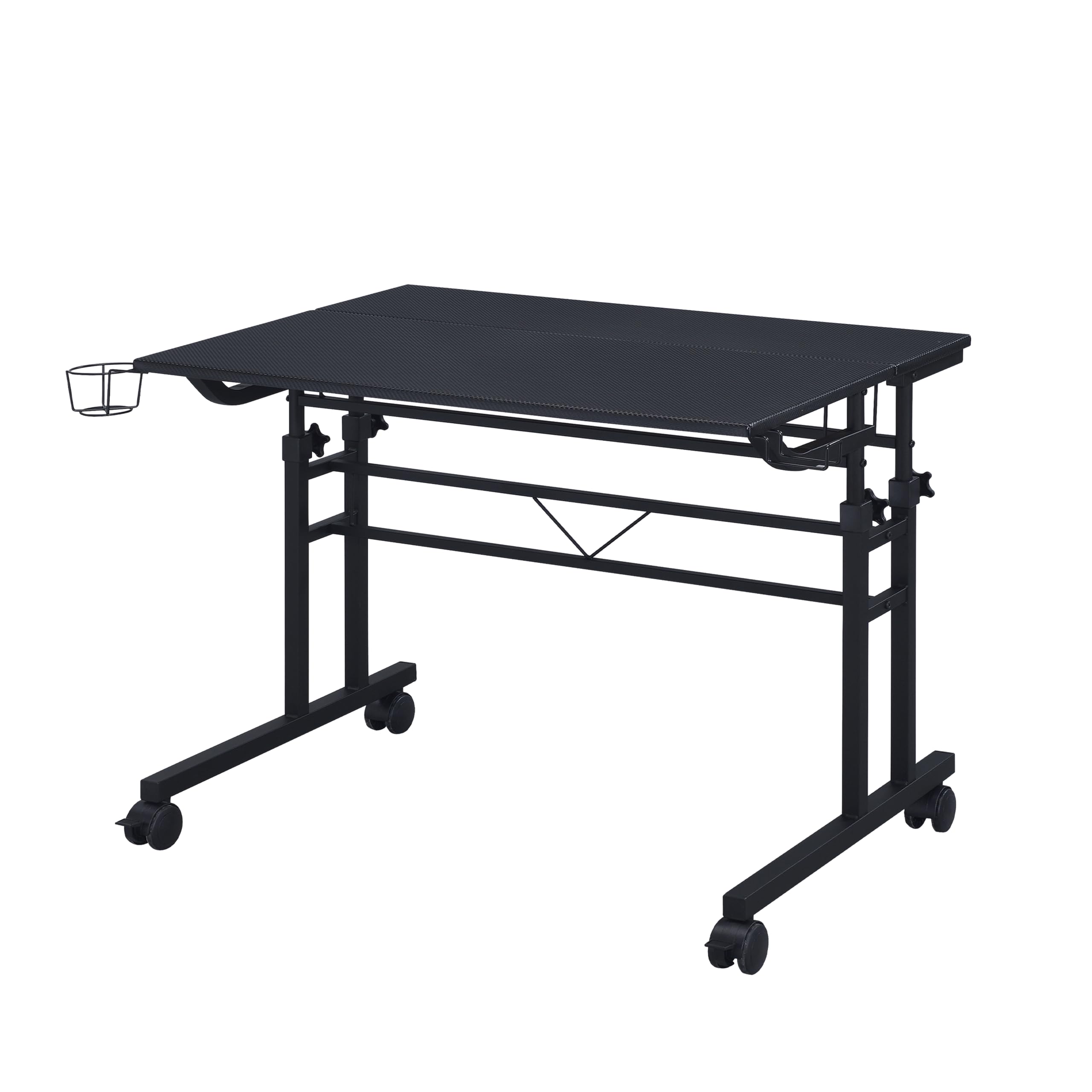 Techni Mobili Adjustable Height Rolling Standing Desk with Wheels - 2-Tier Mobile Office & Gaming Desk with Cup Holder - Black - Perfect for Home Office, Gaming Setup & Small Spaces