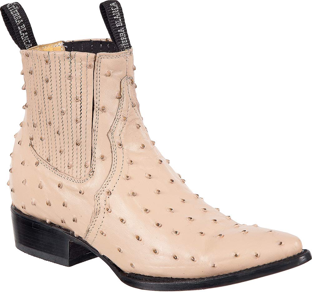 Men's Genuine Leather Cowboy Boots - Ostrich Print Western Ankle Boots with J-Toe for Country Dancing & Rodeo Events