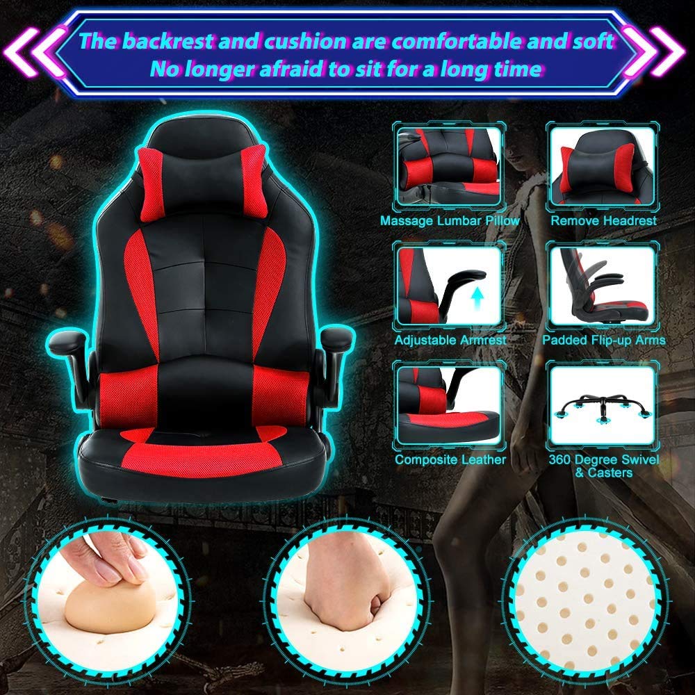 Ergonomic Gaming Chair with Massage - High Back PU Leather Racing Office Chair, Adjustable Swivel Computer Desk Chair for Gamers & Professionals - Red (Perfect for Esports, Streaming & Home Office Workspace)