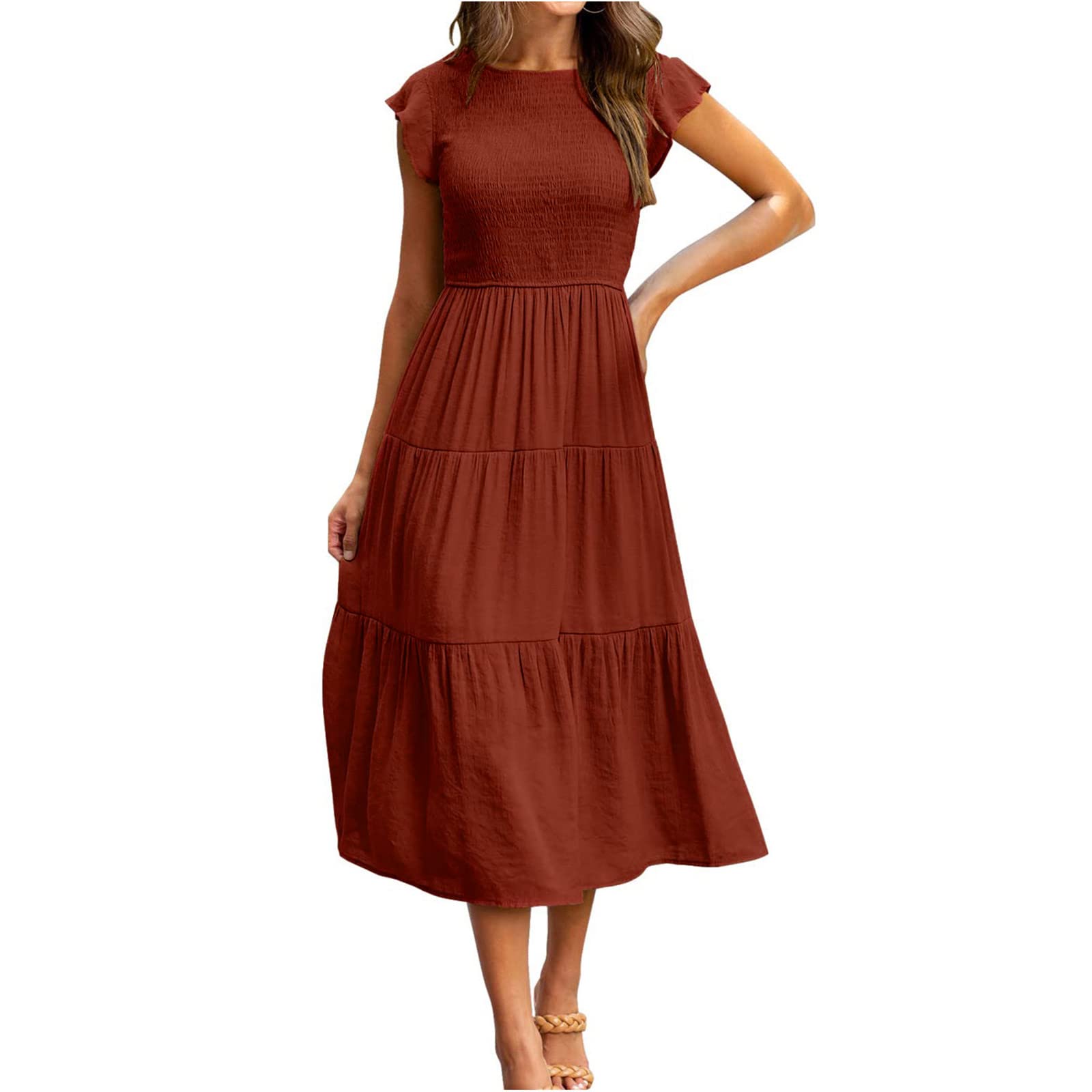 Boho Dress for Women - Midi Length Solid Color Ruffled Short Sleeve Smocked Tiered Beach Dress | Perfect for Summer Vacations, Beach Parties & Casual Outings
