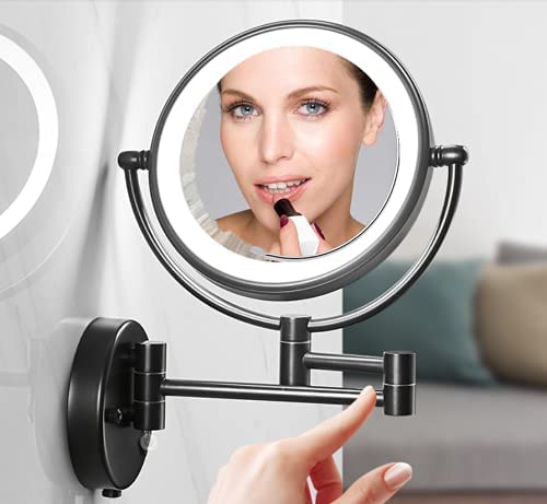 10X Magnifying Wall Mounted Makeup Mirror with LED Lights - 8 Inch Double Sided Vanity Mirror, USB Rechargeable, Touch Control, Matte Black - Perfect for Bathroom, Dressing Room & Bedroom Makeup Application