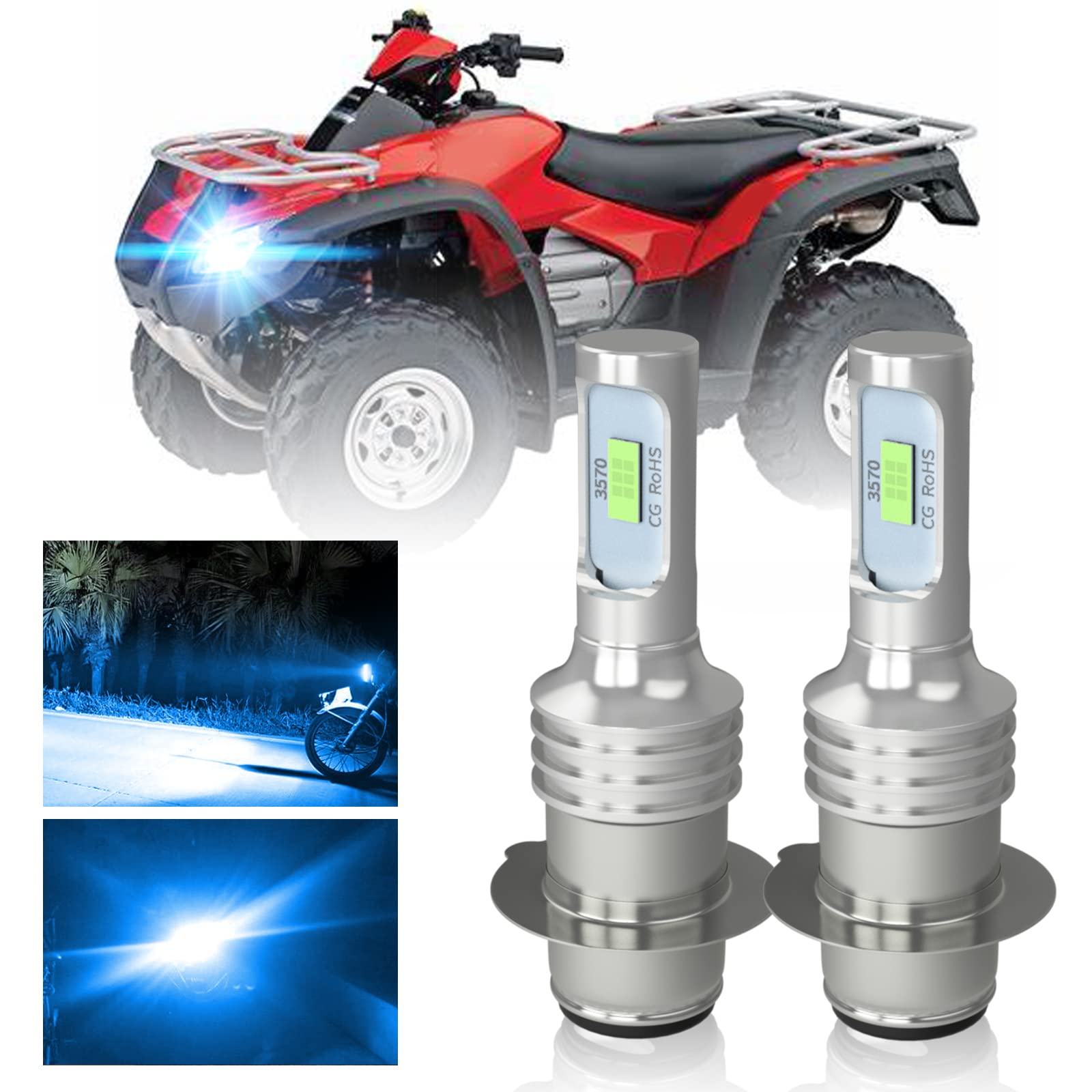 **Honda Rincon 650 680 LED Headlight Bulb Kit (2003-2015) - P15D H6M High/Low Beam, 1500LM 8000K Ice Blue, Plug & Play (2-Pack) - Perfect for Off-Roading & Night Riding**