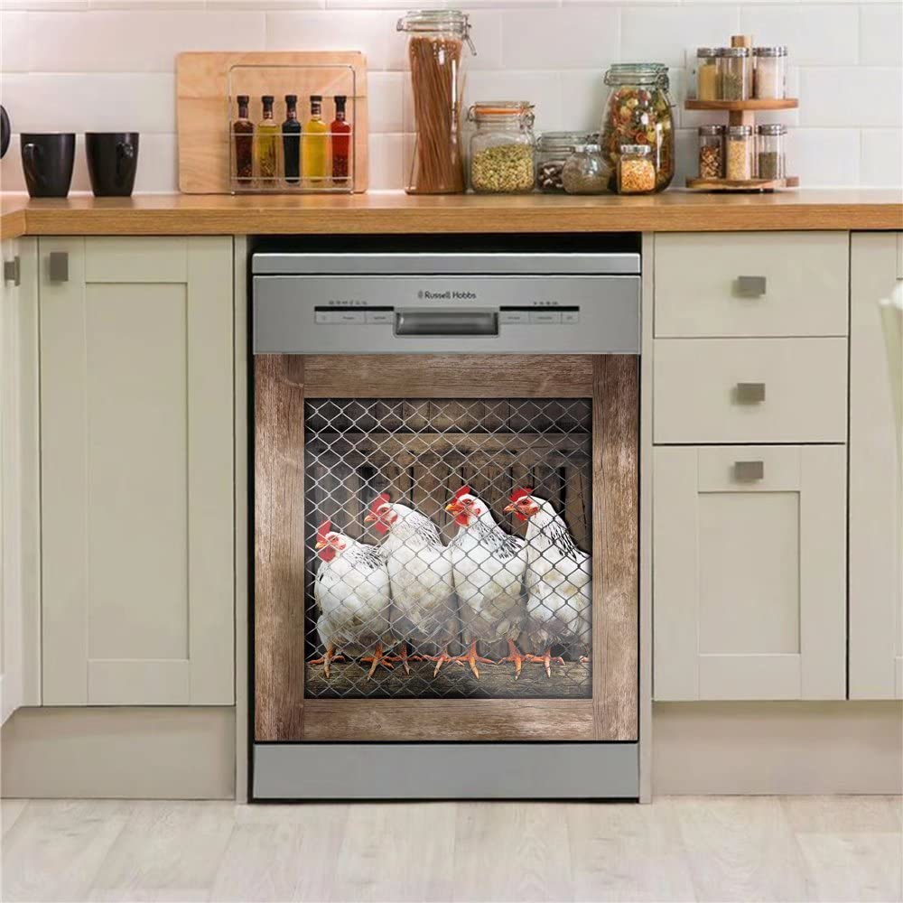 Farmhouse Country Rooster Magnetic Dishwasher Cover - Decorative Chicken Fridge Panel Magnet with Wooden Pattern, 23