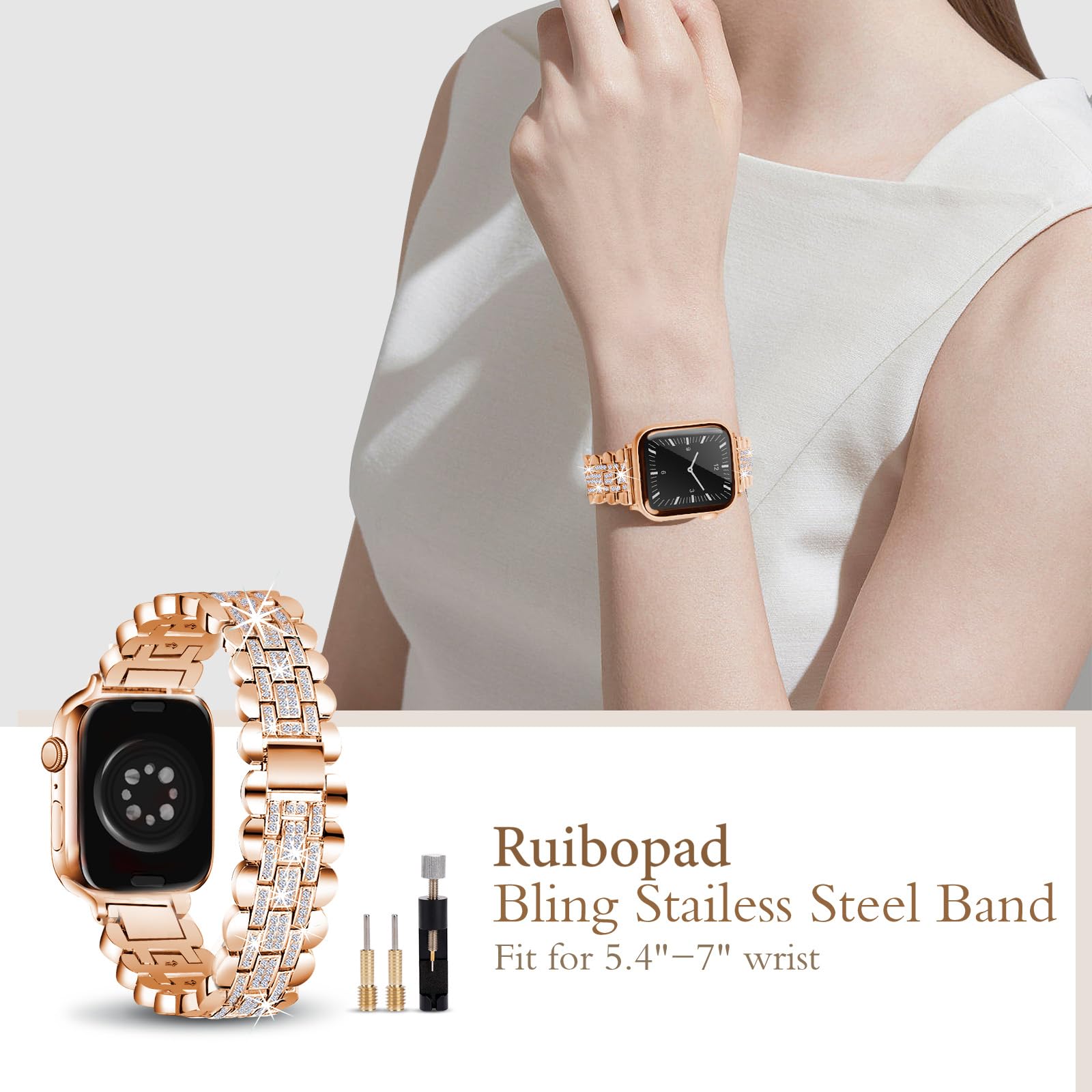 Stainless Steel Apple Watch Band 42mm 41mm 40mm 38mm - Bling Jewelry Bracelet for Apple Watch Series 10 9 8 7 SE 6 5 4 3 - Rose Gold Women's iWatch Accessory - Perfect for Work, Parties & Everyday Wear