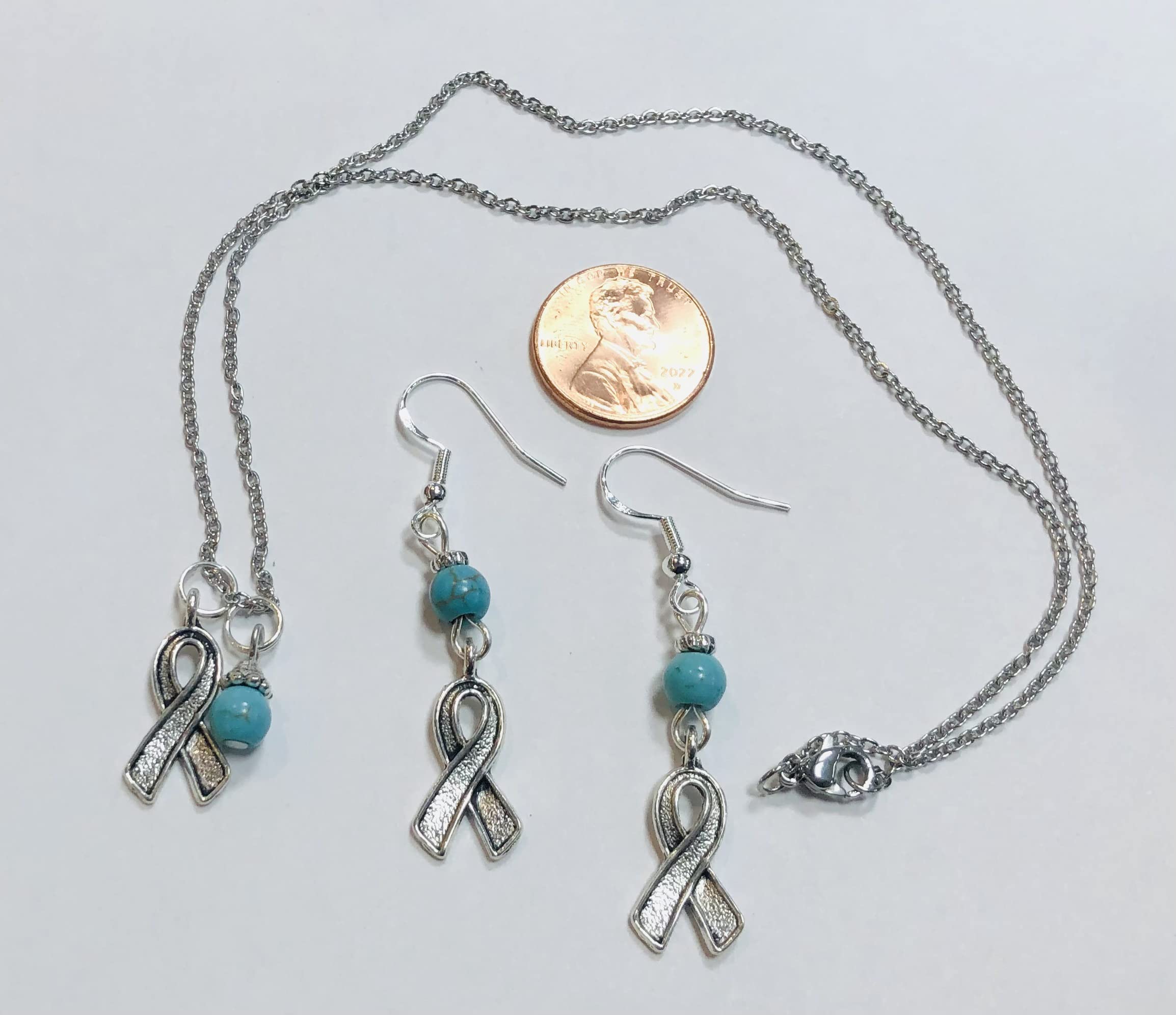 Turquoise Ribbon Jewelry Set - Ovarian Cancer Awareness Necklace & Earrings for Women | Support Survivors, Perfect for Fundraisers & Awareness Events