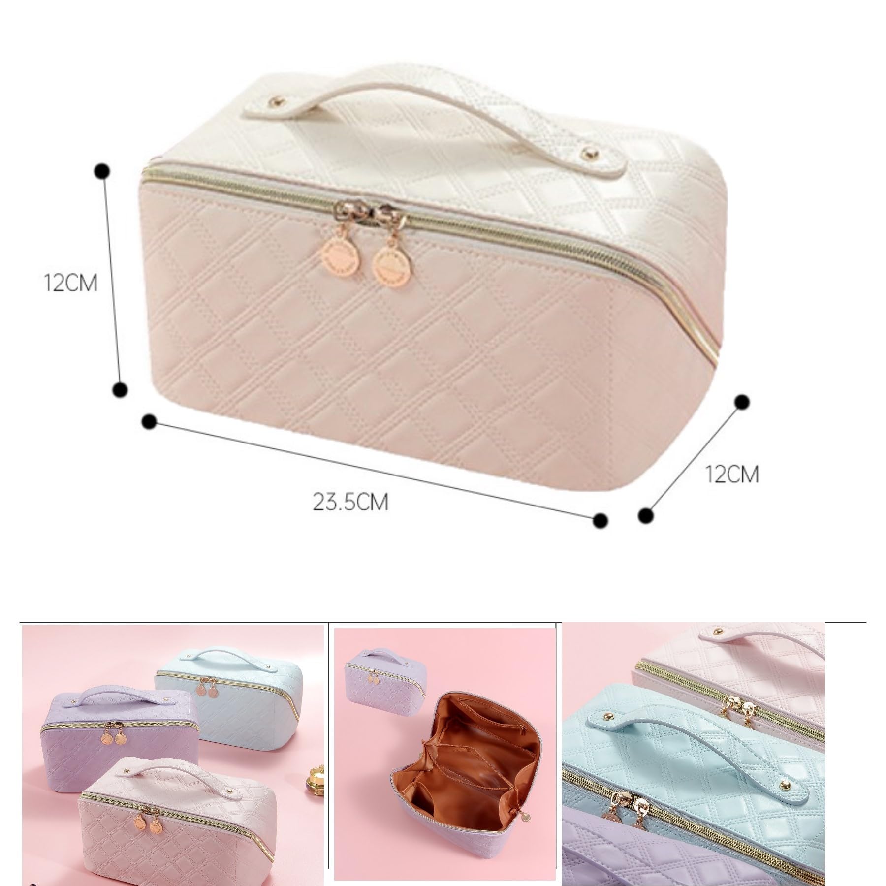 Large Capacity Waterproof Travel Makeup Bag - PU Leather Cosmetic Organizer with Divider & Handle, Portable Toiletry Bag for Women | Perfect for Air Travel, Gym, Vacation & Daily Use (Apricot White)