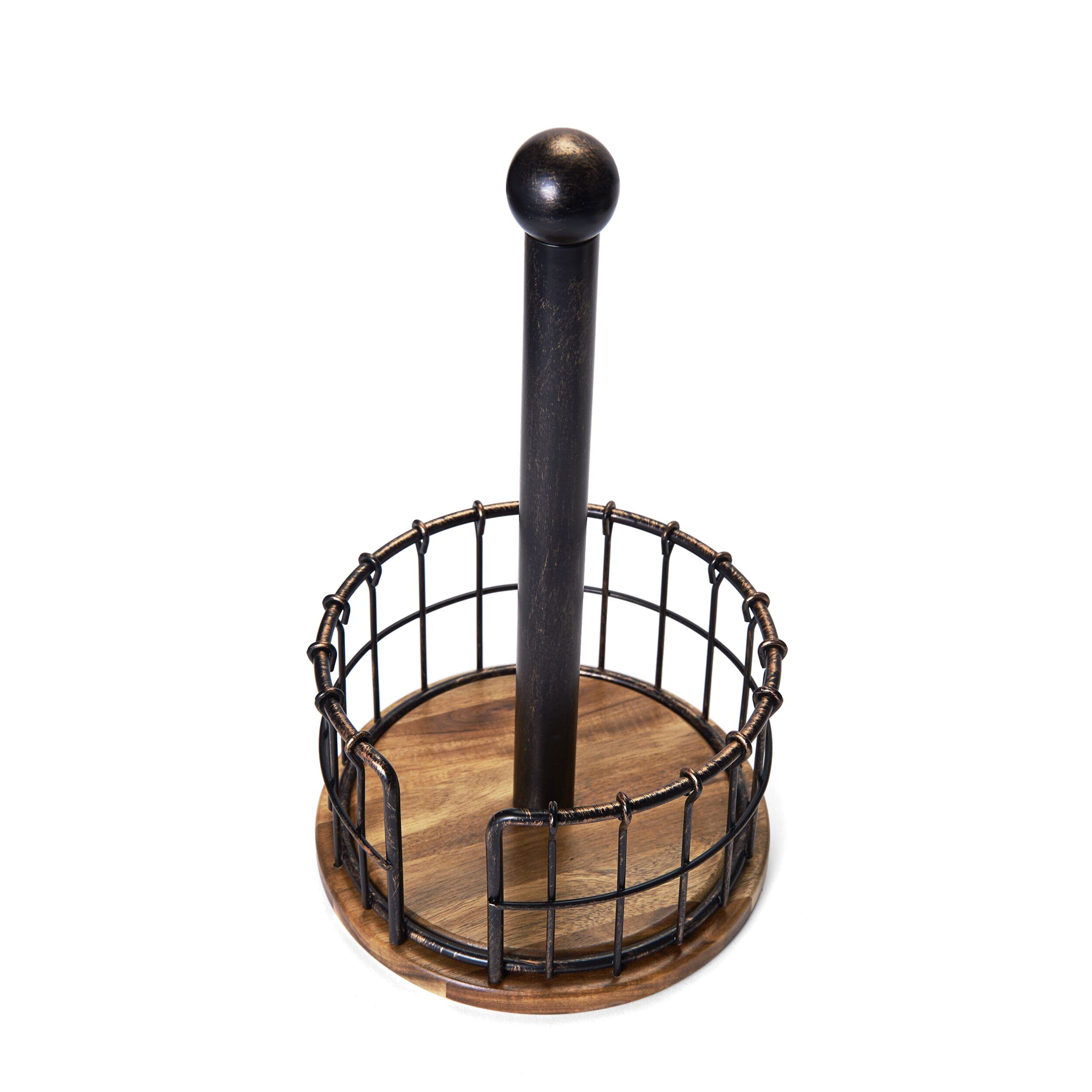 Pfaltzgraff Anvil 13.25-Inch Antique Black Wire & Acacia Wood Paper Towel Holder - Rustic Kitchen Decor for Countertop, Farmhouse & Modern Homes