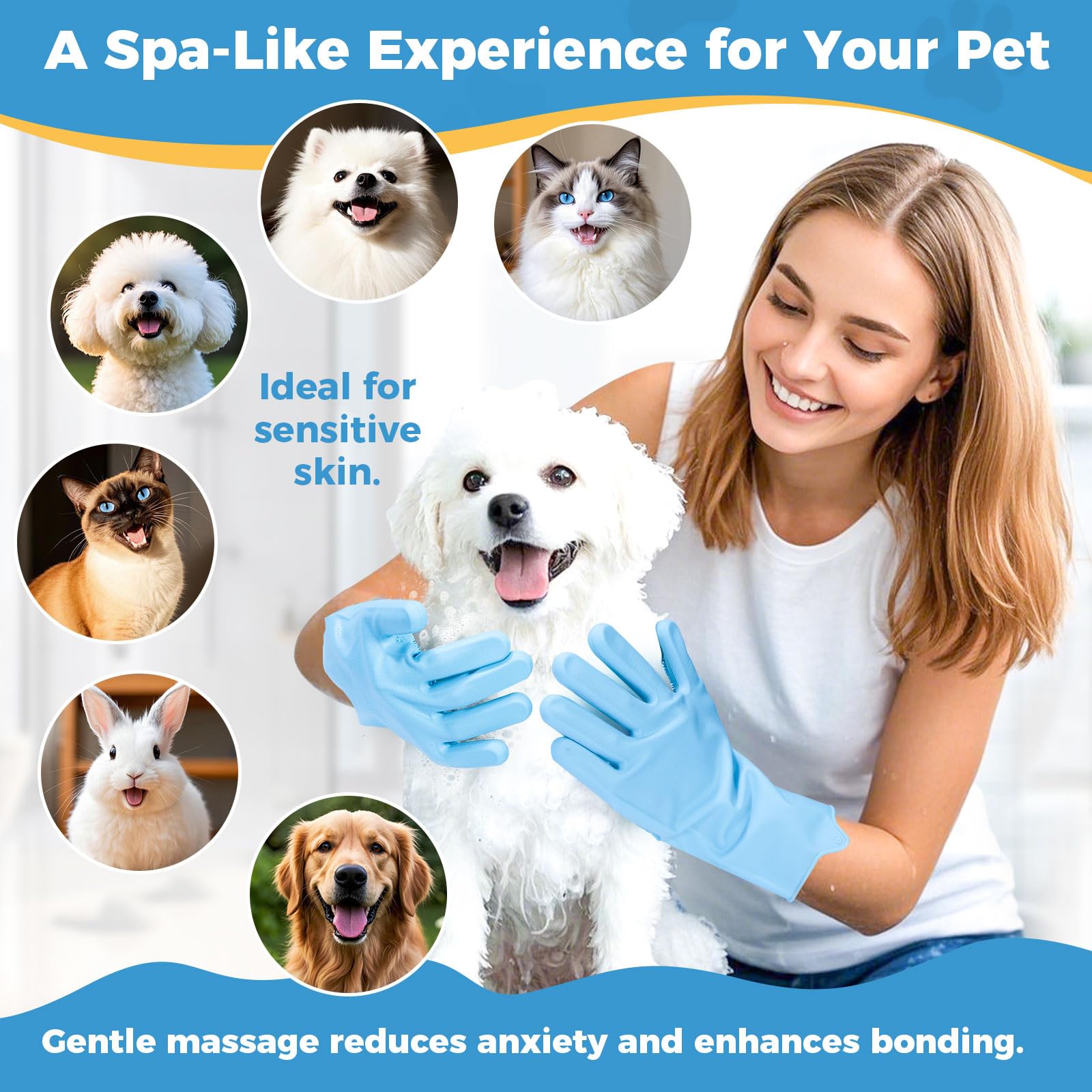 Pet Grooming Gloves - Silicone Bristle Dog Bathing Gloves for Washing, Massaging & Hair Removal - Heat Resistant 5-Finger Design for Dogs & Cats - Perfect for Bath Time, Shedding Season & Relaxing Pet Care