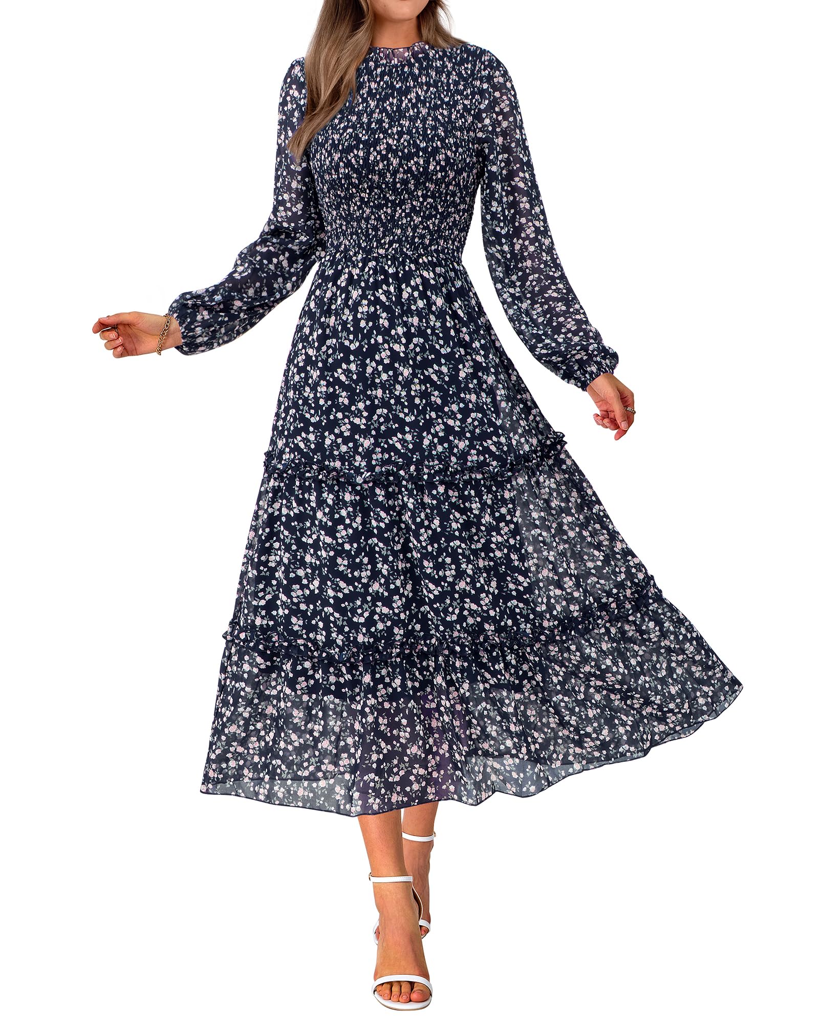 NOLLSOM Women's Floral Boho Maxi Dress - Long Sleeve Crew Neck A-Line Flowy Wedding Guest Dress for Spring 2025 | Perfect for Beach Vacations, Garden Parties & Casual Outings