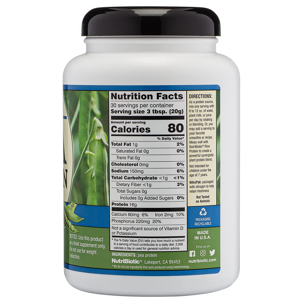 NutriBiotic Plain Pea Protein Powder, 21 Oz | Low Carb Vegan Plant-Based Protein | 100% USA Grown & Processed | Keto, Gluten-Free & Non-GMO | Rich in BCAAs & Creamy Texture | Perfect for Smoothies, Baking & Post-Workout Recovery