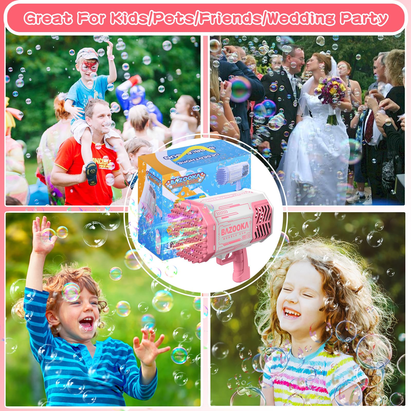 69 Holes Bubble Machine Gun with LED Lights - Pink Outdoor Bubble Blower for Kids, Summer Beach Party, Birthday & Wedding Fun Toy - Perfect Gift for Girls & Boys | Great for Backyard Play, Pool Parties & Outdoor Events