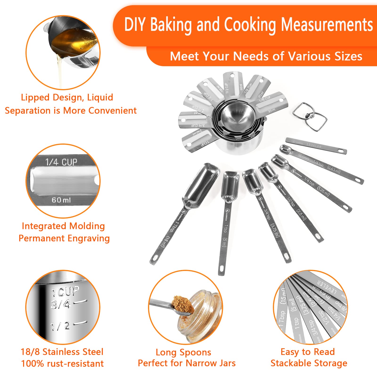 Stainless Steel Measuring Cups and Spoons Set of 20 - Stackable Kitchen Measuring Tools for Dry & Liquid Ingredients | Baking, Cooking & Meal Prep Essentials | Dishwasher Safe & Space Saving Design