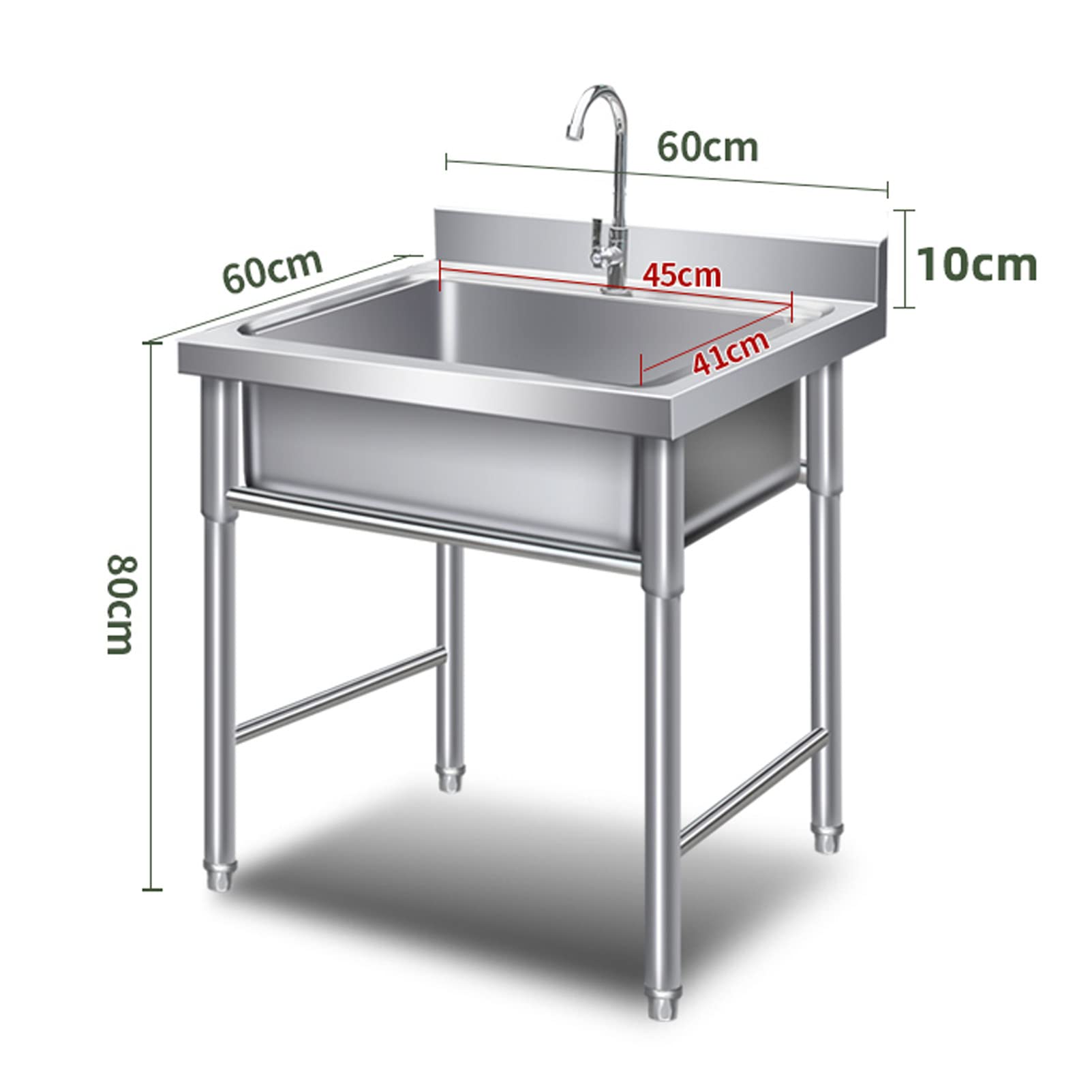 Stainless Steel Stand Alone Kitchen Sink with Faucet and Drain Strainer - 60cm x 60cm Indoor/Outdoor Utility Sink for Home, Hotel, Restaurant & RV Use