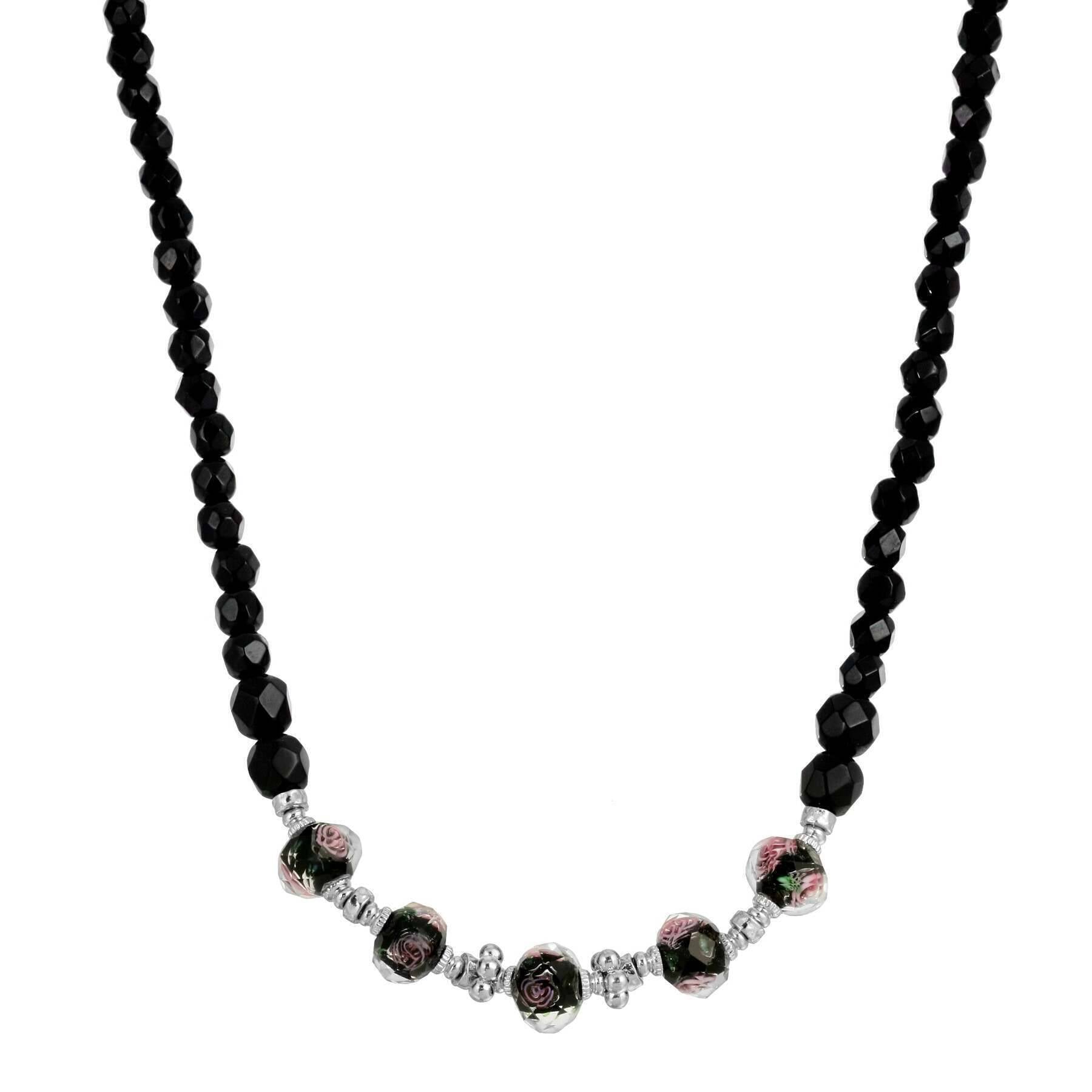 1928 Black Floral Beaded Necklace - Vintage Style Jewelry with 15