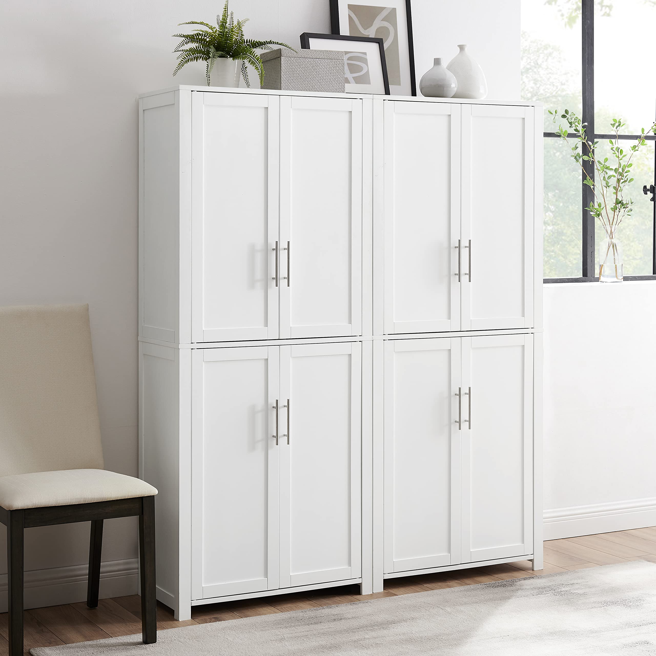 Crosley Furniture Savannah 2-Piece White Pantry Storage Cabinet Set with Adjustable Shelves for Kitchen, Dining Room & Laundry Room Organization | Space-Saving Home Storage Solution