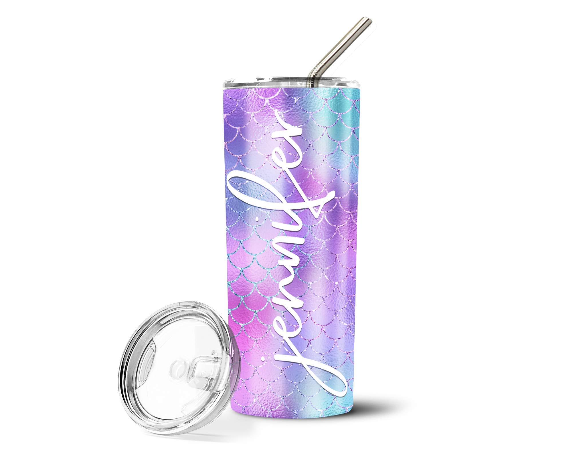 Personalized Stainless Steel Mermaid Print Water Bottle with Metal Straw - 20oz Insulated Tumbler for Hot & Cold Drinks - Perfect for Beach, Gym, Office & Outdoor Activities