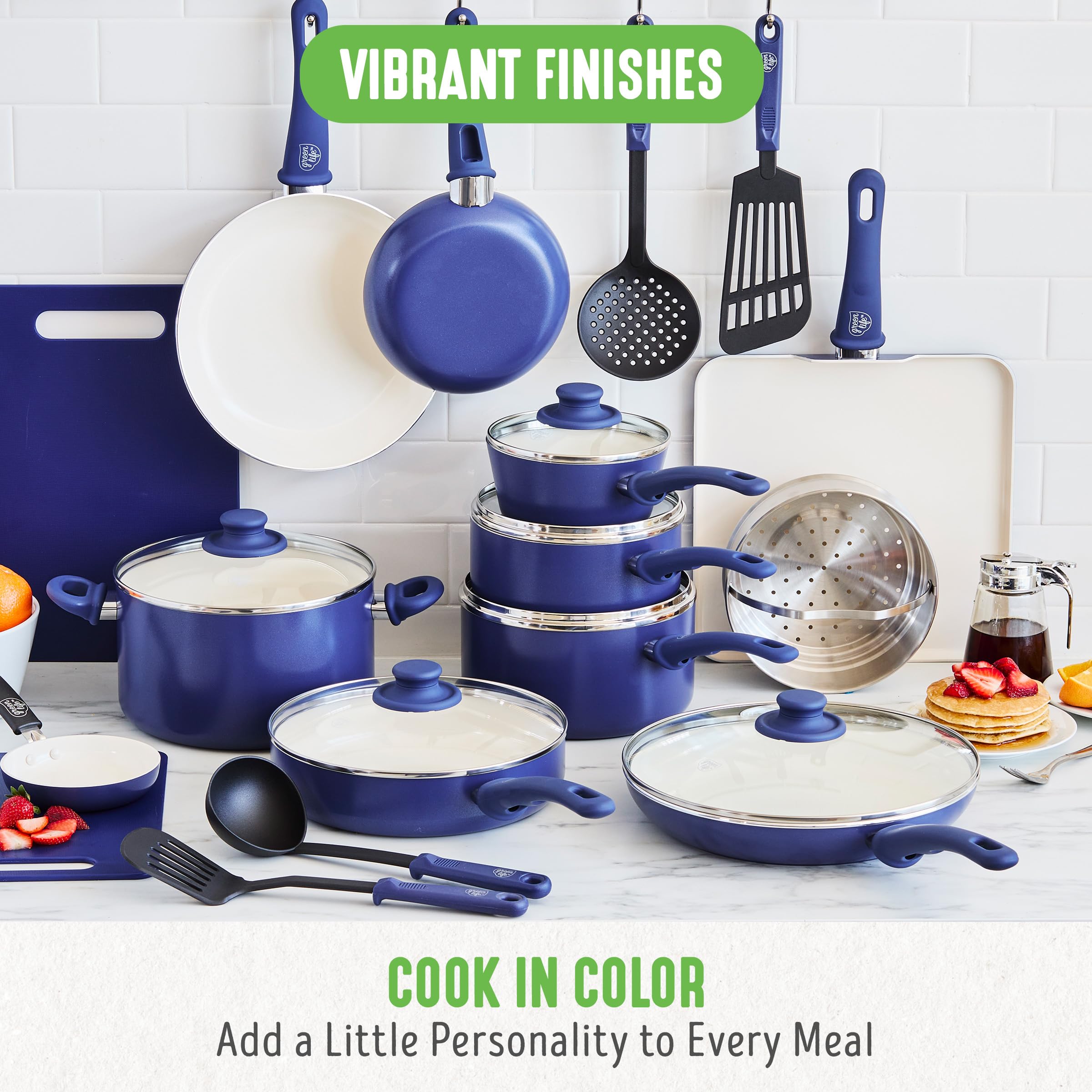 GreenLife Soft Grip 23-Piece Non-Toxic Ceramic Cookware Set - PFAS & PFOA Free Pots & Pans with Even Heat Distribution, Warp Control & Easy Cleaning - Oven & Dishwasher Safe Blue Kitchenware for Healthy Cooking, Baking & Frying