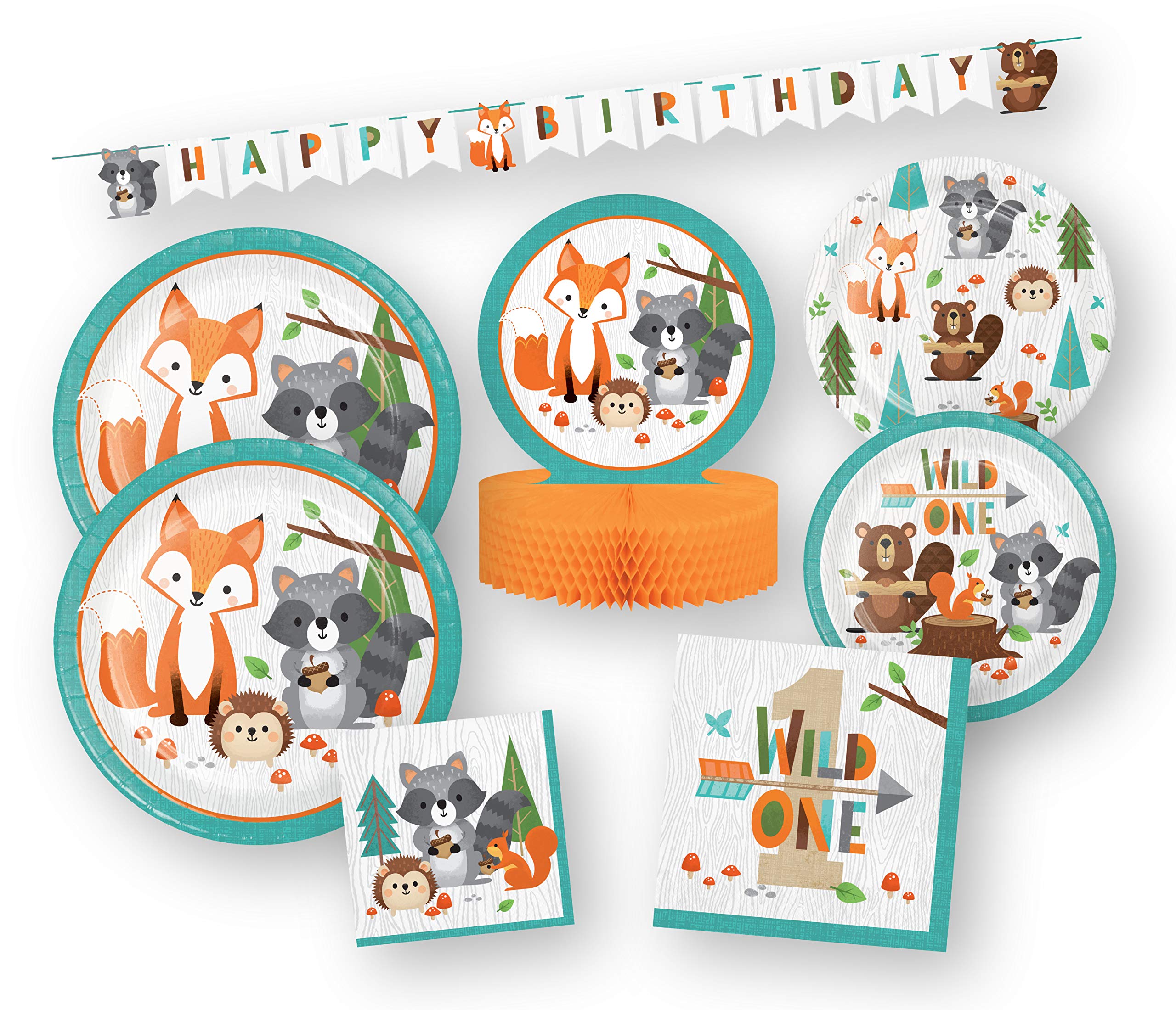 Woodland Party Supplies Set - Forest Animal Birthday Banner, Wild One Themed Decor, First Birthday Party Kit with Paper Plates, Napkins & Table Centerpiece (66 Count) - Perfect for Baby Showers, Kids Birthday Parties & Outdoor Celebrations