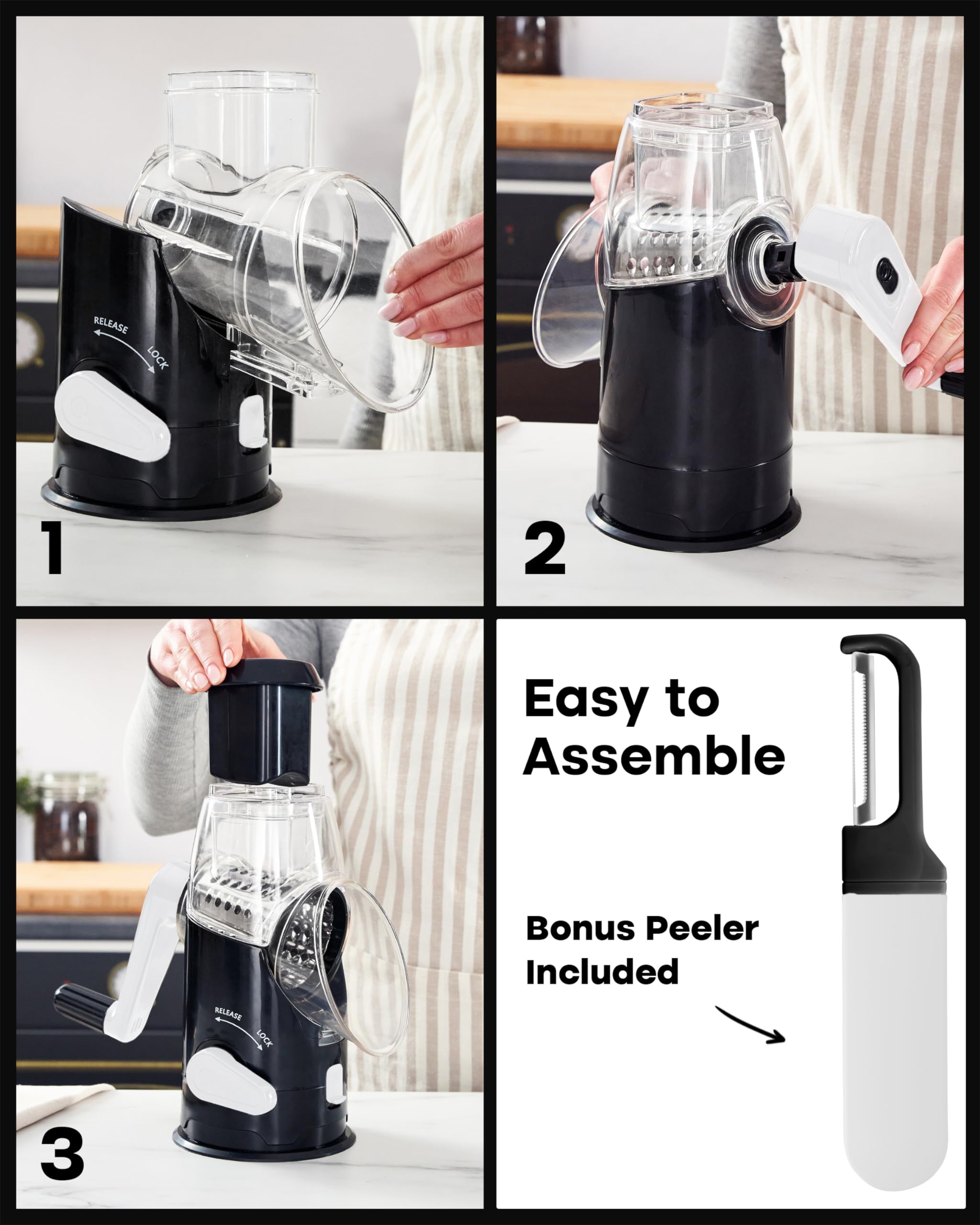 Premium Rotary Cheese Grater with Handle - 3 Stainless Steel Blades for Cheese, Vegetables & Nuts | Mandoline Slicer & Peeler Included | Perfect for Kitchen, Camping & Meal Prep (Black)
