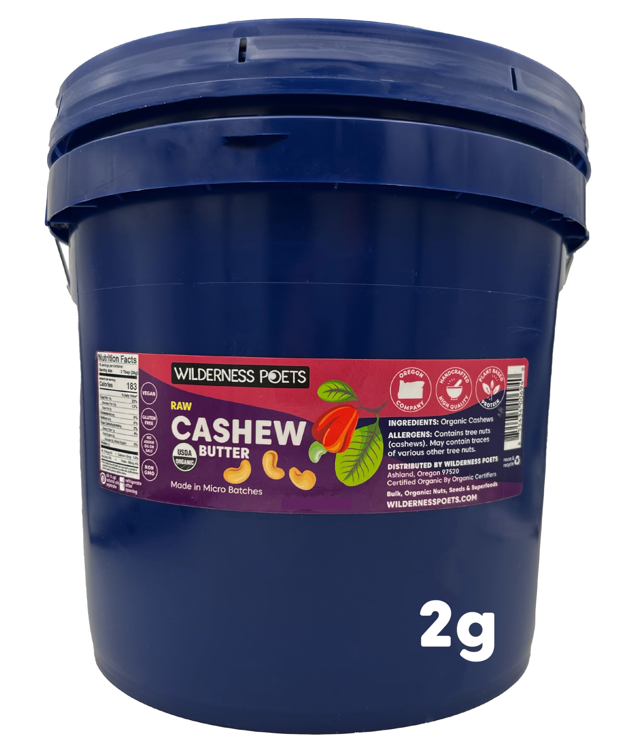 Organic Raw Cashew Butter by Wilderness Poets - 2 Gallon (17 lbs, 272 oz) - Vegan, Gluten-Free, Non-GMO Nut Spread for Smoothies, Baking & Healthy Snacks