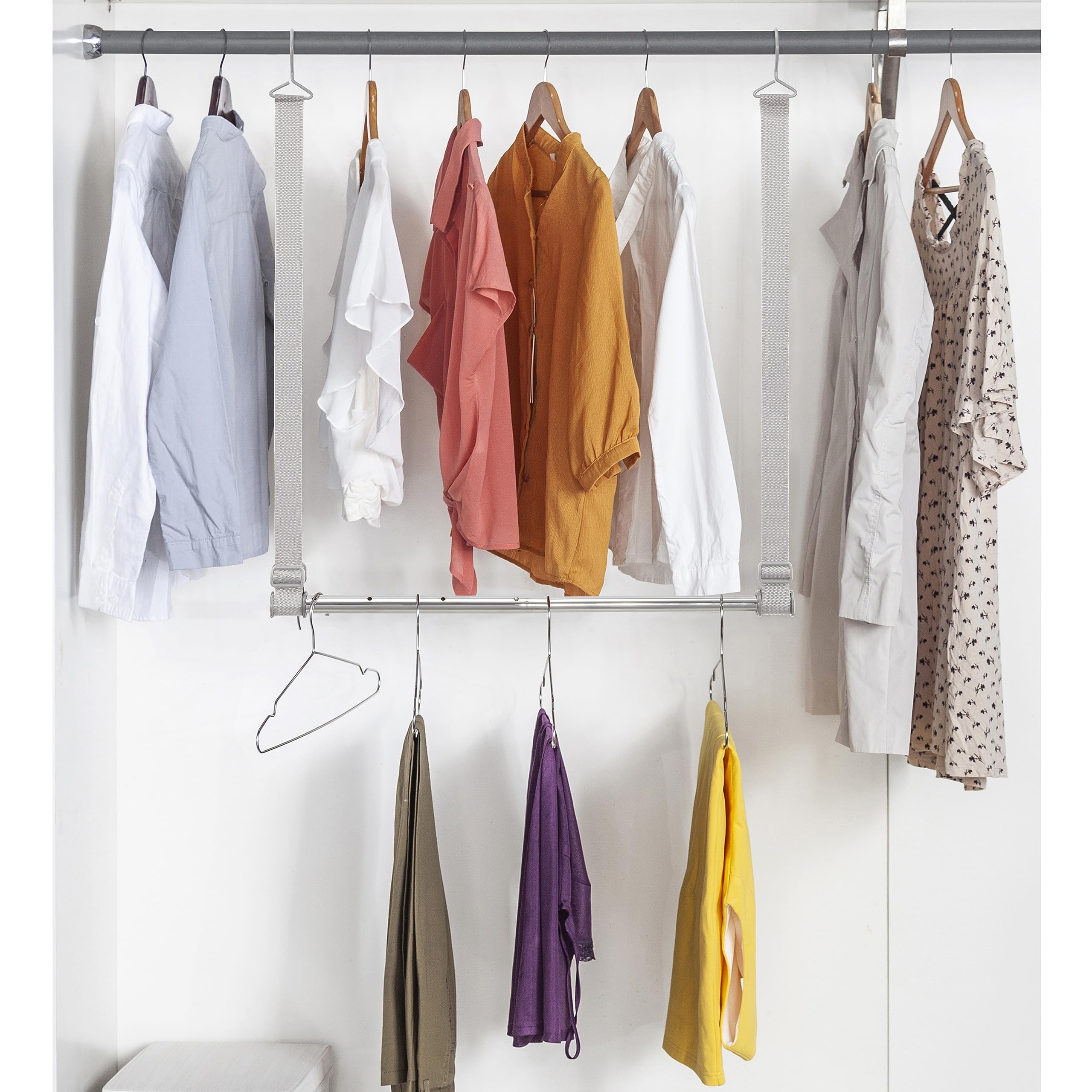 STORAGE MANIAC Adjustable Hanging Closet Rod Organizer - Space Saving Clothes Hanger Bar, Double Rod Closet Extender (2 Pack) - Perfect for Small Closets, Dorm Rooms & Apartment Storage Solutions