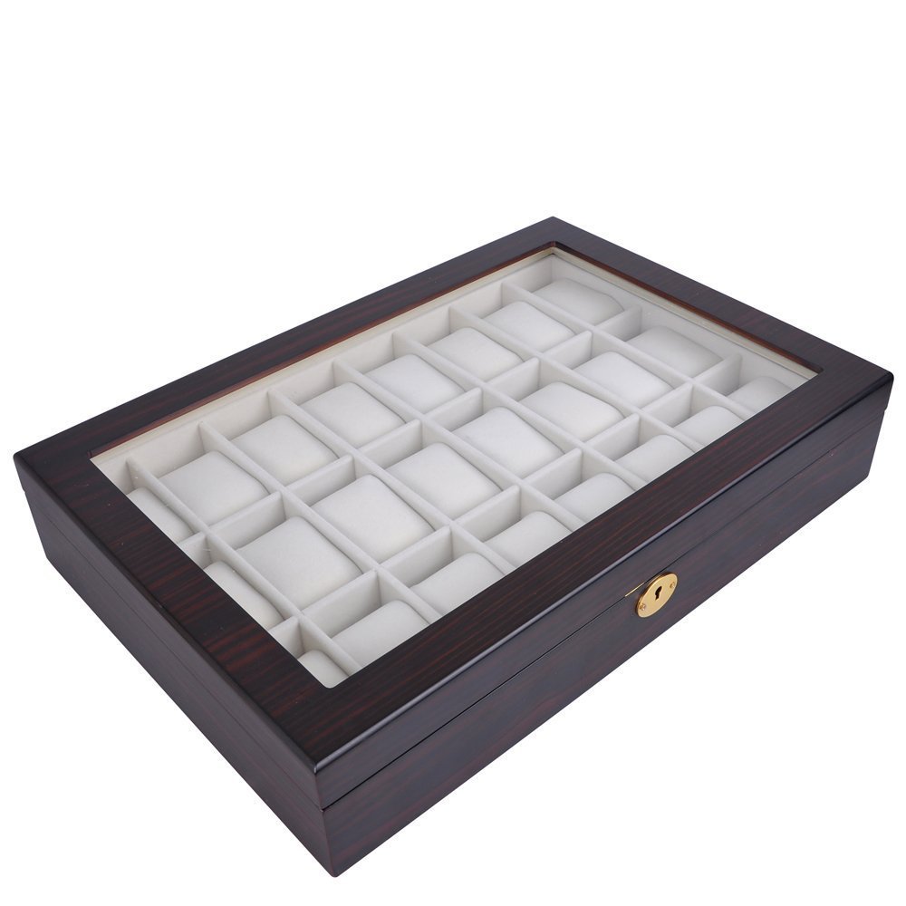AMPERSAND SHOPS Elegant Wooden Luxury 24-Watch Display Case - Ebony Matte Finish | Premium Watch Organizer for Collectors & Jewelry Storage | Perfect for Home, Office & Gift
