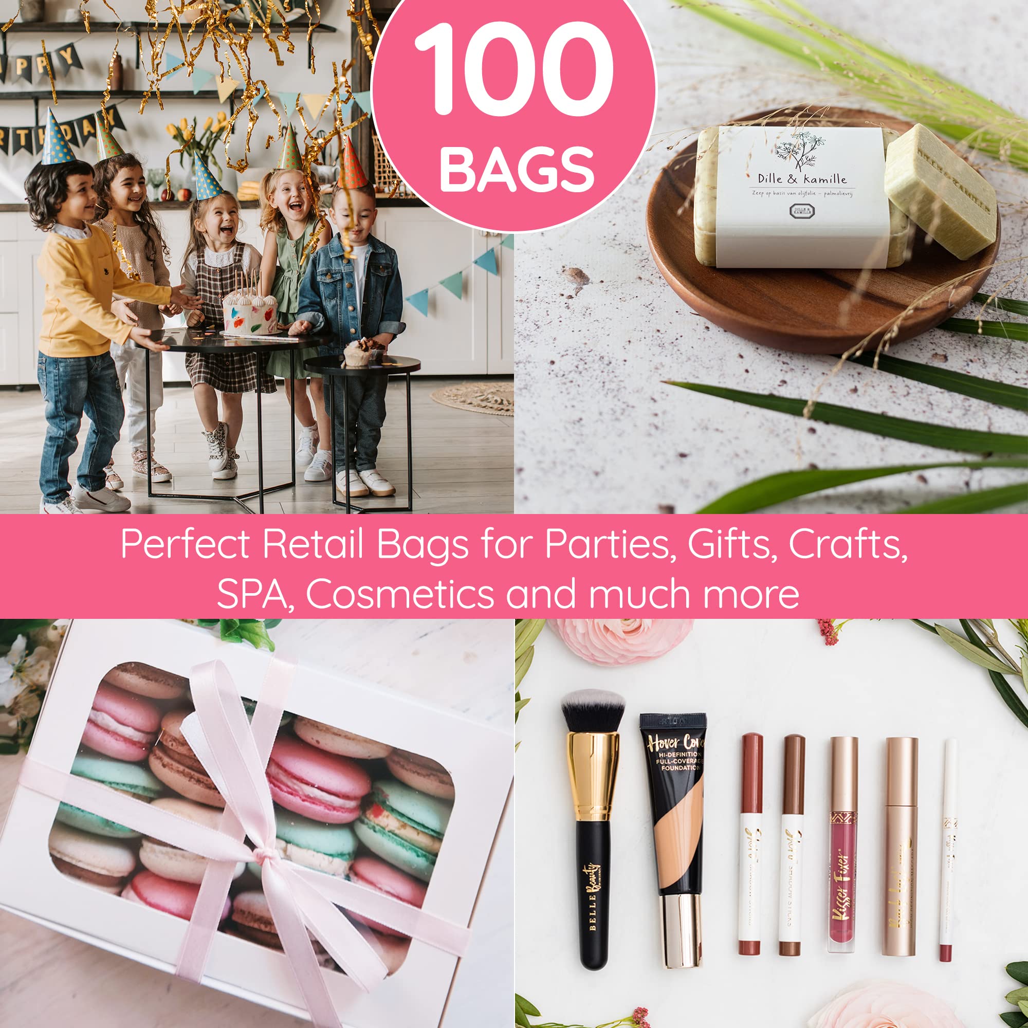 100 Pink Plastic Bags with Handles 1.5Mil Thick 9