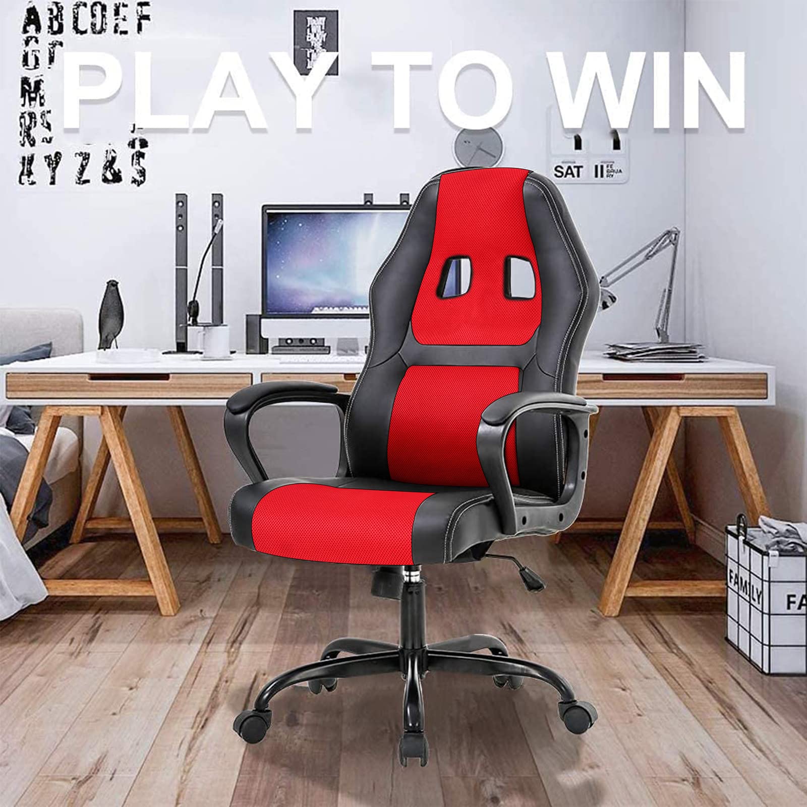 Ergonomic Gaming Chair with Lumbar Support & Headrest - Adjustable Reclining Office Computer Chair for Adults & Teens - High Back Racing Style Swivel Task Chair with Armrests - Perfect for Home Office, Gaming Setup & Workstation (Red)