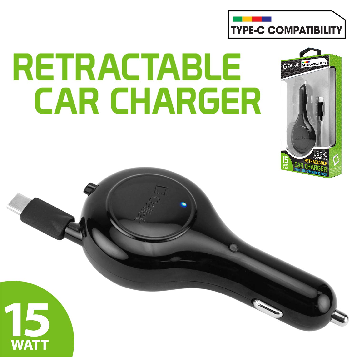 Cellet Retractable Car Charger for iPhone 15, Samsung Galaxy & Google Pixel - 15W Fast Charging USB-C Car Adapter - Perfect for Road Trips & Daily Commutes