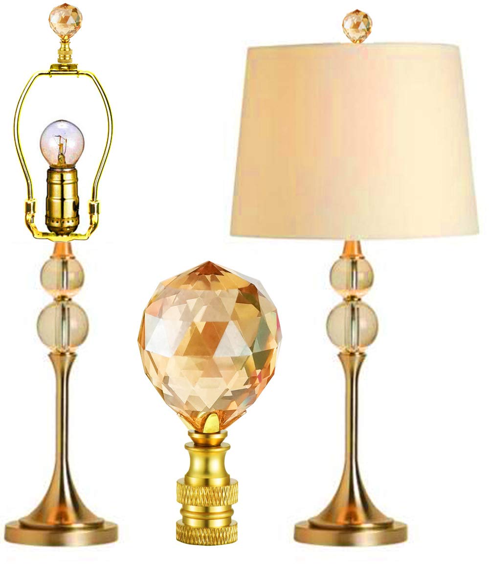 2Pcs 2-1/3 Inch Clear Champagne Crystal Lamp Finials with Polished Brass Base - Faceted Screw Top Knob for Lamp Shade Decoration - Perfect for Chandeliers, Table Lamps & Home Lighting Fixtures