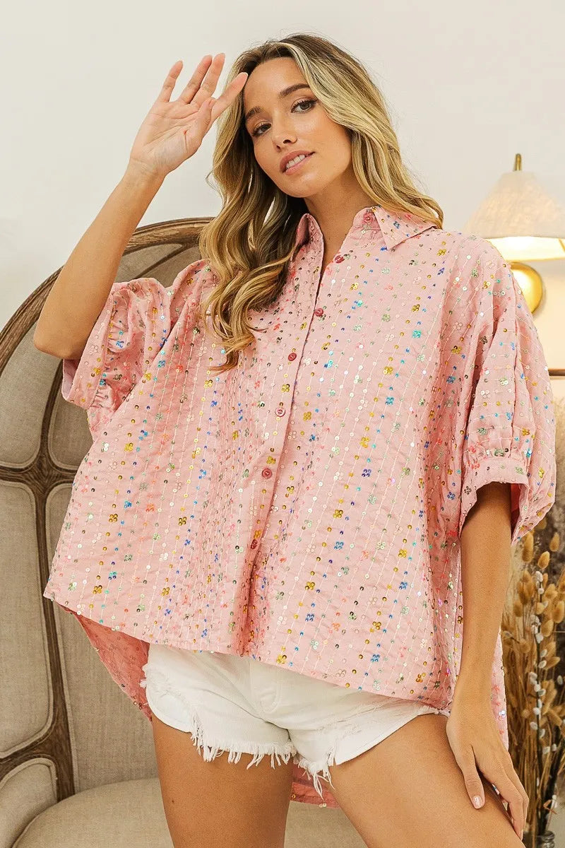 BiBi Sequin Striped Short Dolman Sleeve Blouse | Women's Fashion Top for Party & Night Out | Perfect for Club, Dinner Date & Special Occasions