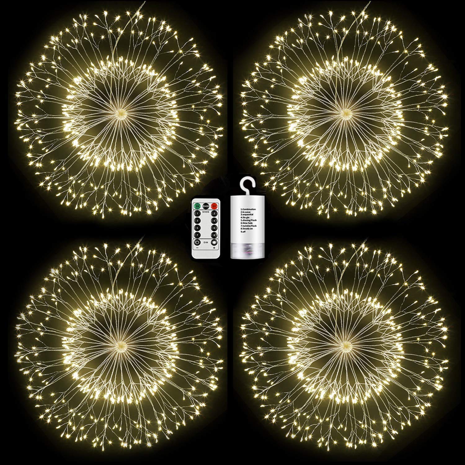 FOOING 4 Pack LED Starburst String Lights - Battery Operated Copper Wire Fairy Lights with Remote, 8 Lighting Modes - Gold Wedding Christmas Party Decorations for Indoor Outdoor Patio Garden Bedroom Decor