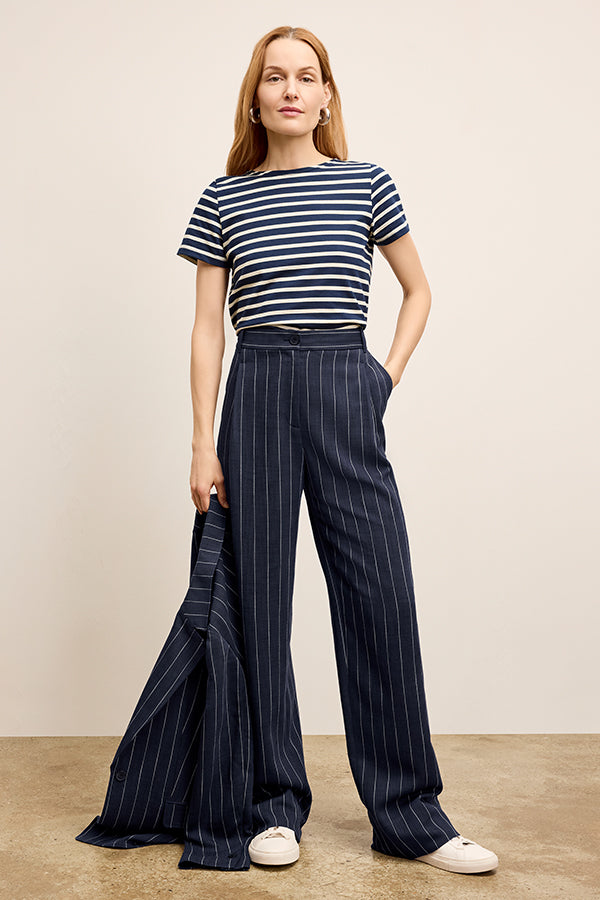 Fitz Pleated Summer Pinstripe Trousers for Men - Navy/Ivory Stripe - Office Wear & Casual Summer Outfits