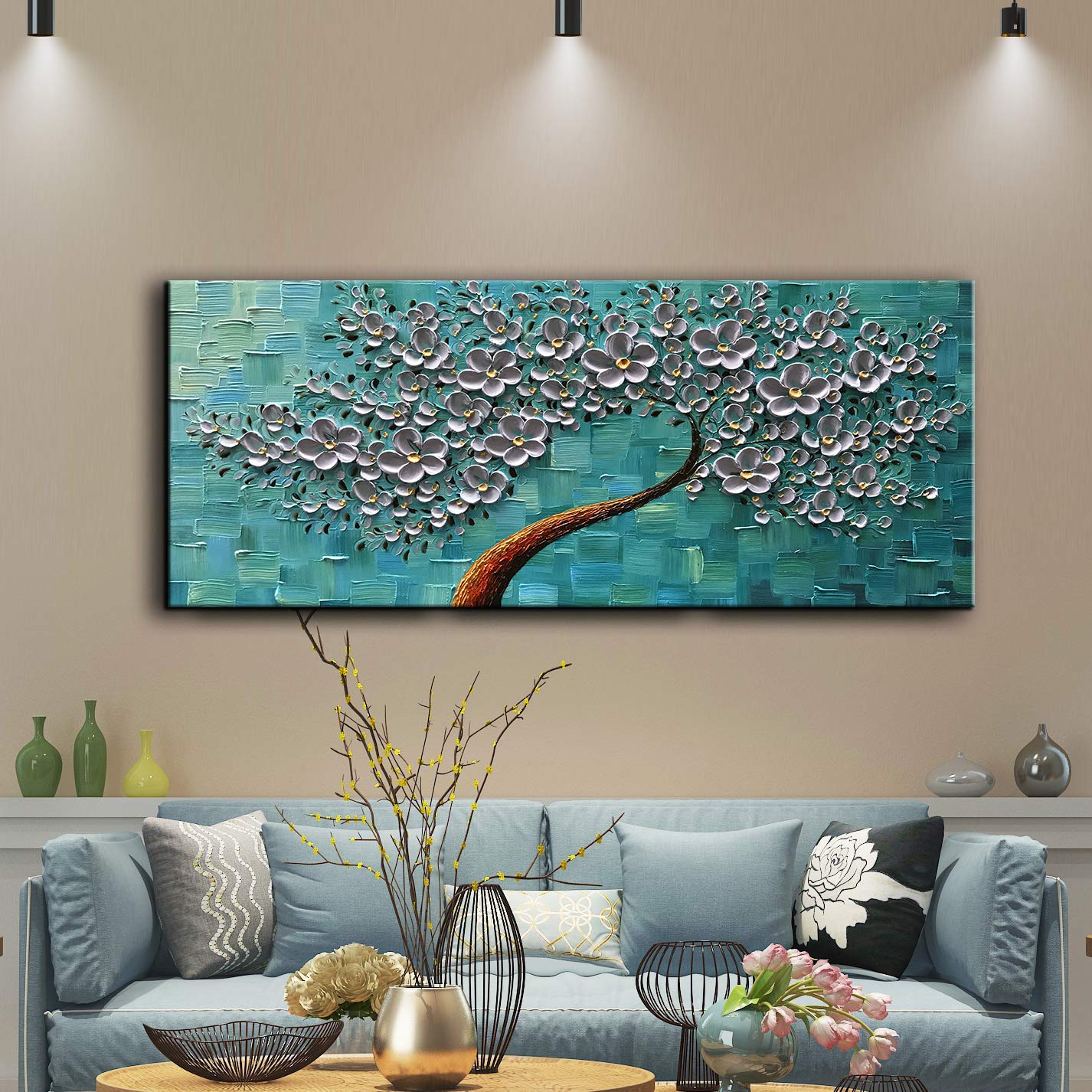 YaSheng Art - 24x60 Inch Large Abstract Floral Oil Painting on Canvas, 3D Texture Palette Knife Art, Silver Flower Tree Wall Decor - Perfect for Living Room, Bedroom & Office Wall Art