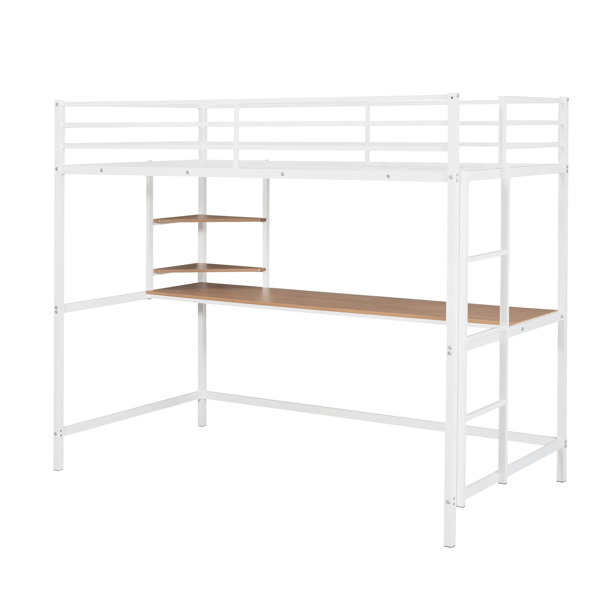 Twin Size Loft Bed with Desk & Storage - Heavy Duty Metal Frame for Kids - Safety Guardrail & Space Saving Design - Perfect for Small Bedrooms, Dorms & Studio Apartments (White)