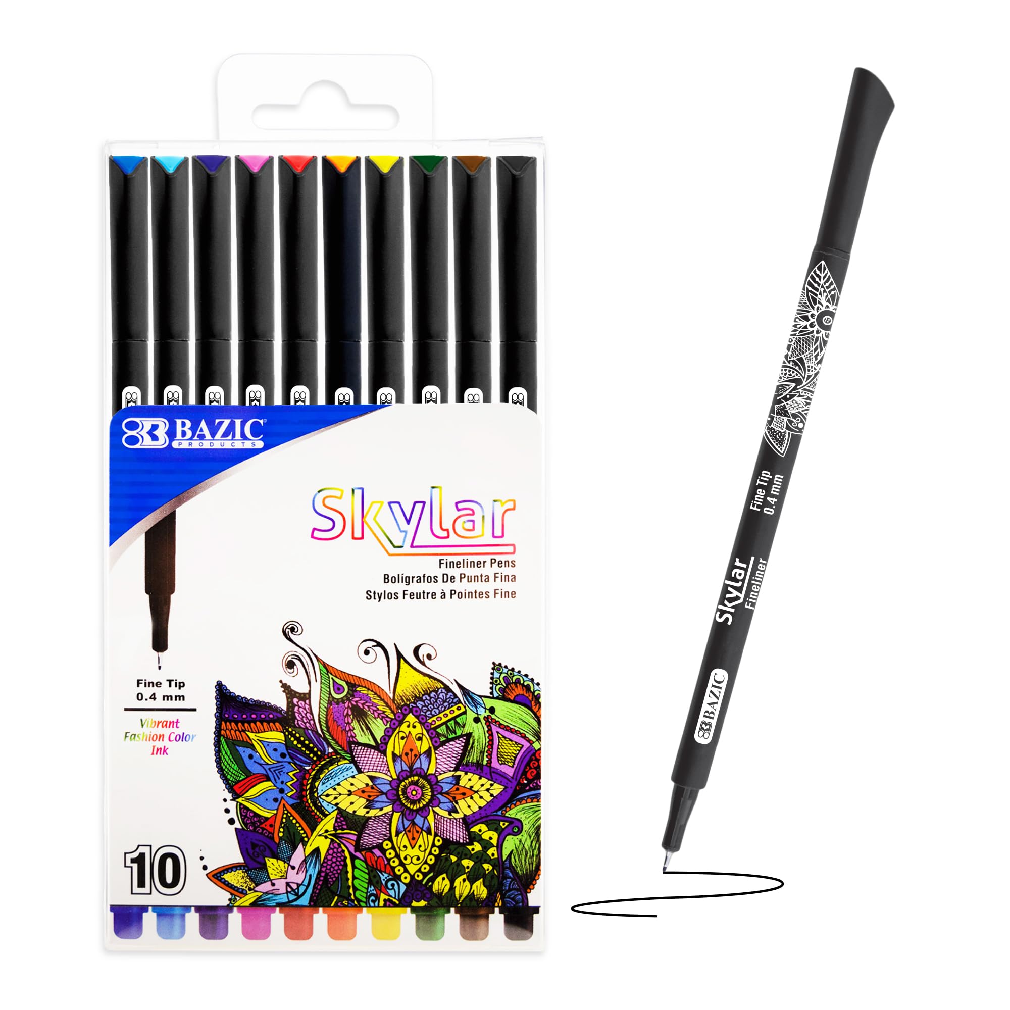 BAZIC Skylar Fineliner Pen Set - 0.4mm Ultra Fine Tip Marker Pens, 10 Assorted Colors for Writing, Drawing, Bullet Journaling, Note Taking - Perfect for Art, Graphic Design, Office & School Use