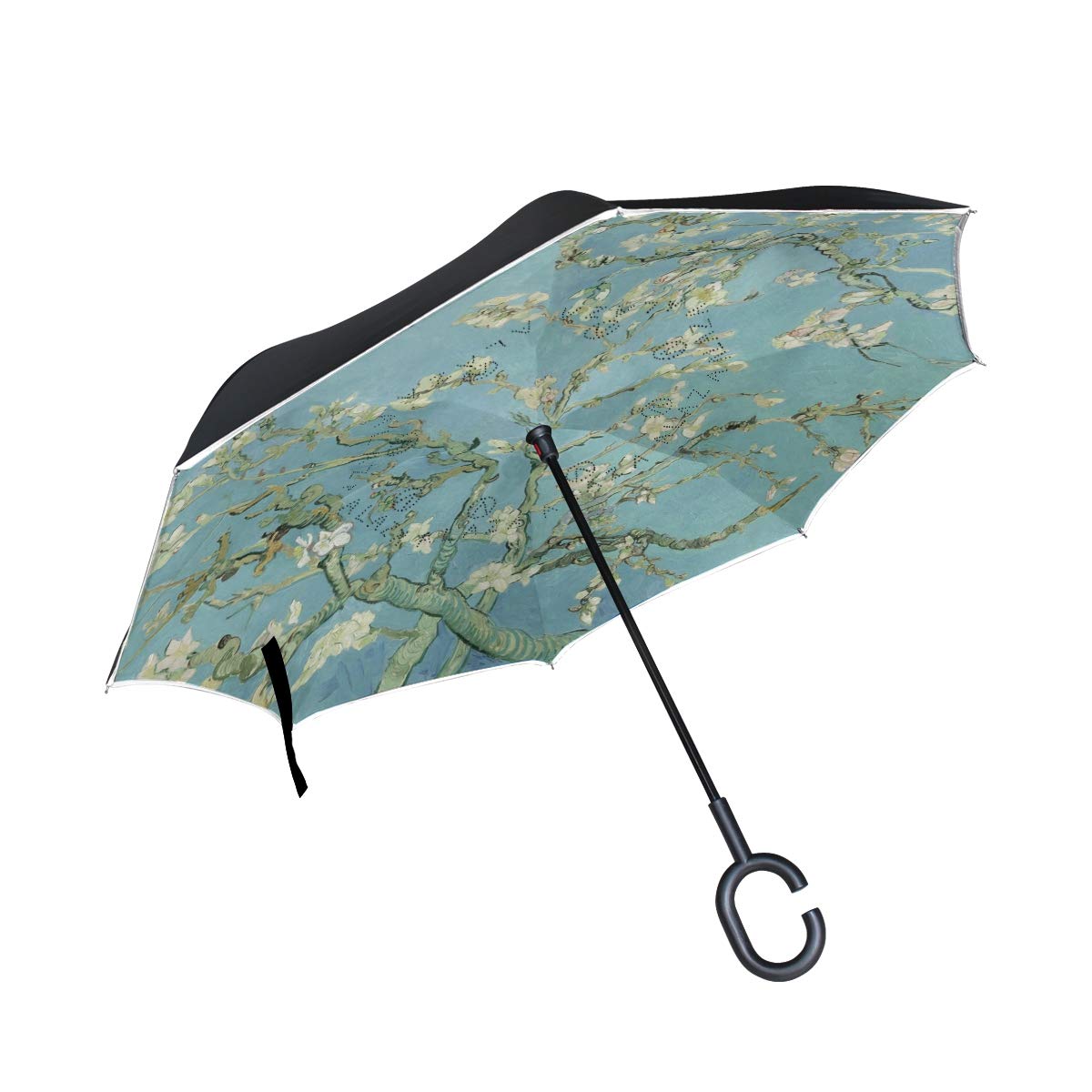 Senya Double Layer Inverted Umbrella - Van Gogh Almond Blossom Print - Reverse Folding Windproof Compact Umbrella with C-Shape Handle for Car, Travel & Golf | Perfect for Commuting, Outdoor Activities & Rainy Days
