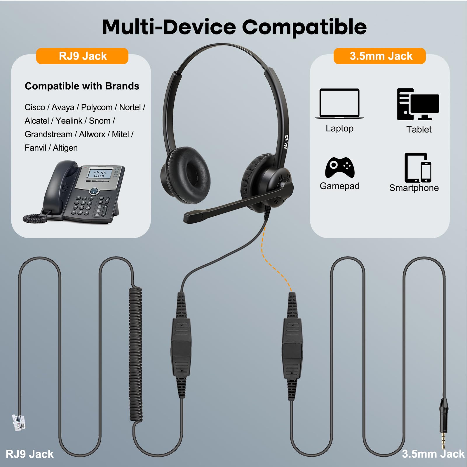 MAIRDI Noise Canceling Phone Headset with Microphone - Call Center & Office Headset with RJ9 & 3.5mm Jack - Compatible with Landline Desk Phones, Cell Phones, PC & Laptop (Polycom, Avaya) - Perfect for Remote Work, Customer Service & Long Calls