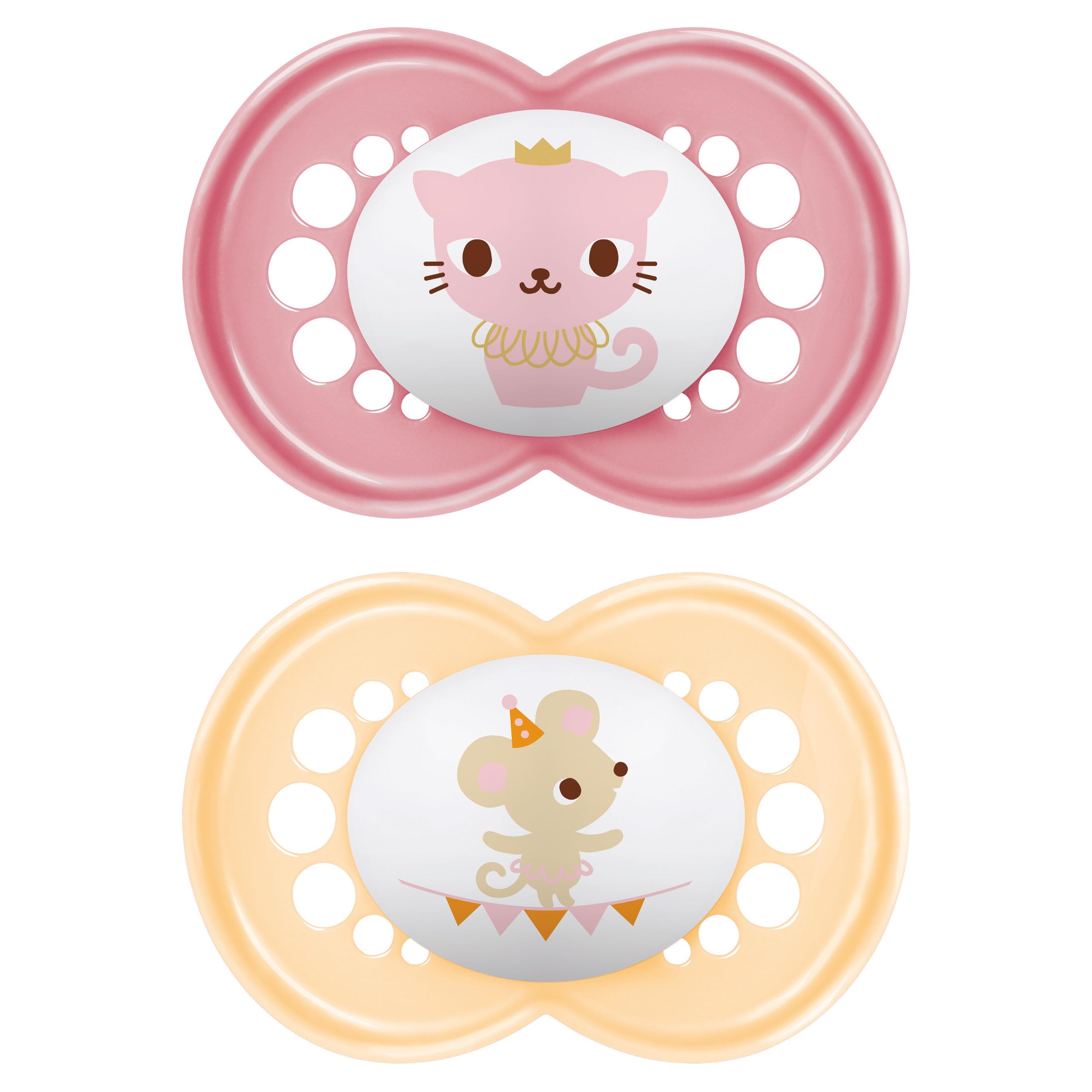 MAM Original Baby Pacifier for 6-16 Months - 2 Pack with Sterilizer Case, Orthodontic Nipple for Healthy Oral Development - Perfect for Soothing, Travel & Daycare (Crystal/Girl)
