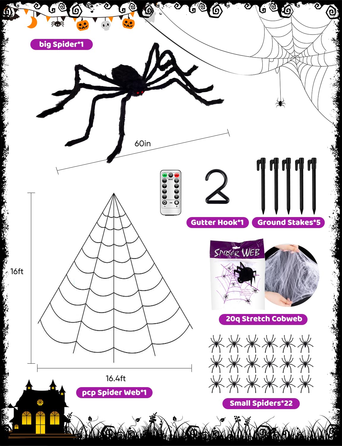 Spider Web Halloween Lights - 250 LED 16.4Ft Outdoor Battery Powered Purple Halloween String Lights with Remote Control, 8 Lighting Modes, 60