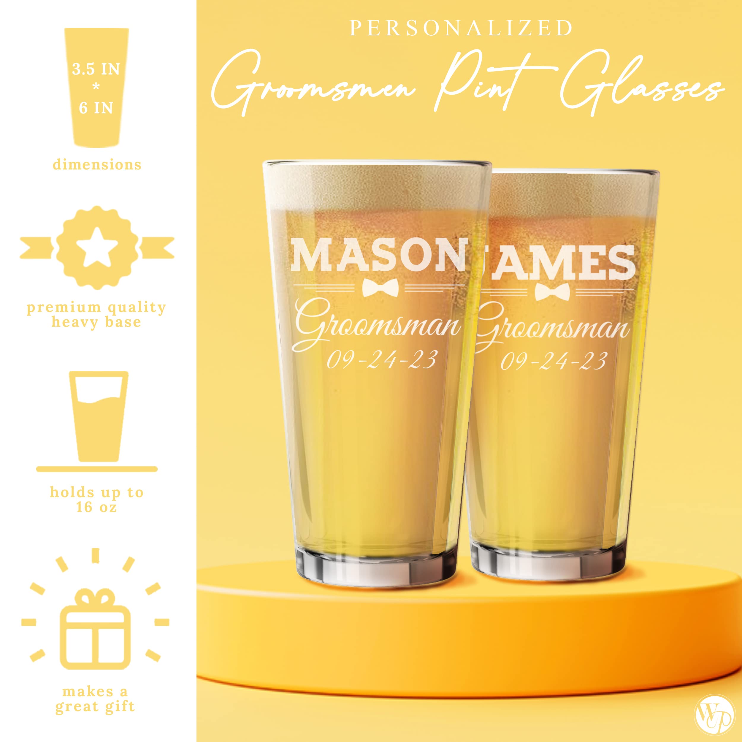 Personalized Engraved Bow Tie Groomsmen Beer Glasses - Set of 3,5,7,8 (16oz Pint) - Custom Wedding Party Gifts for Bachelor Party, Bridal Shower & Anniversary - Perfect for Toasting, Groomsman Gifts & Bar Decor