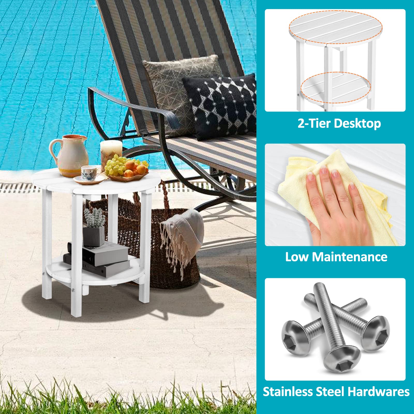 2-Tier Round Outdoor Side Table with Wood-Like Grain - 17.7