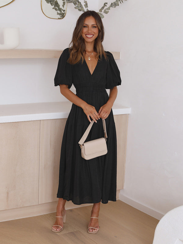 Elegant Women's Maxi Dress with Puff Sleeves - Flowy Summer Dress for Beach, Wedding & Party Occasions
