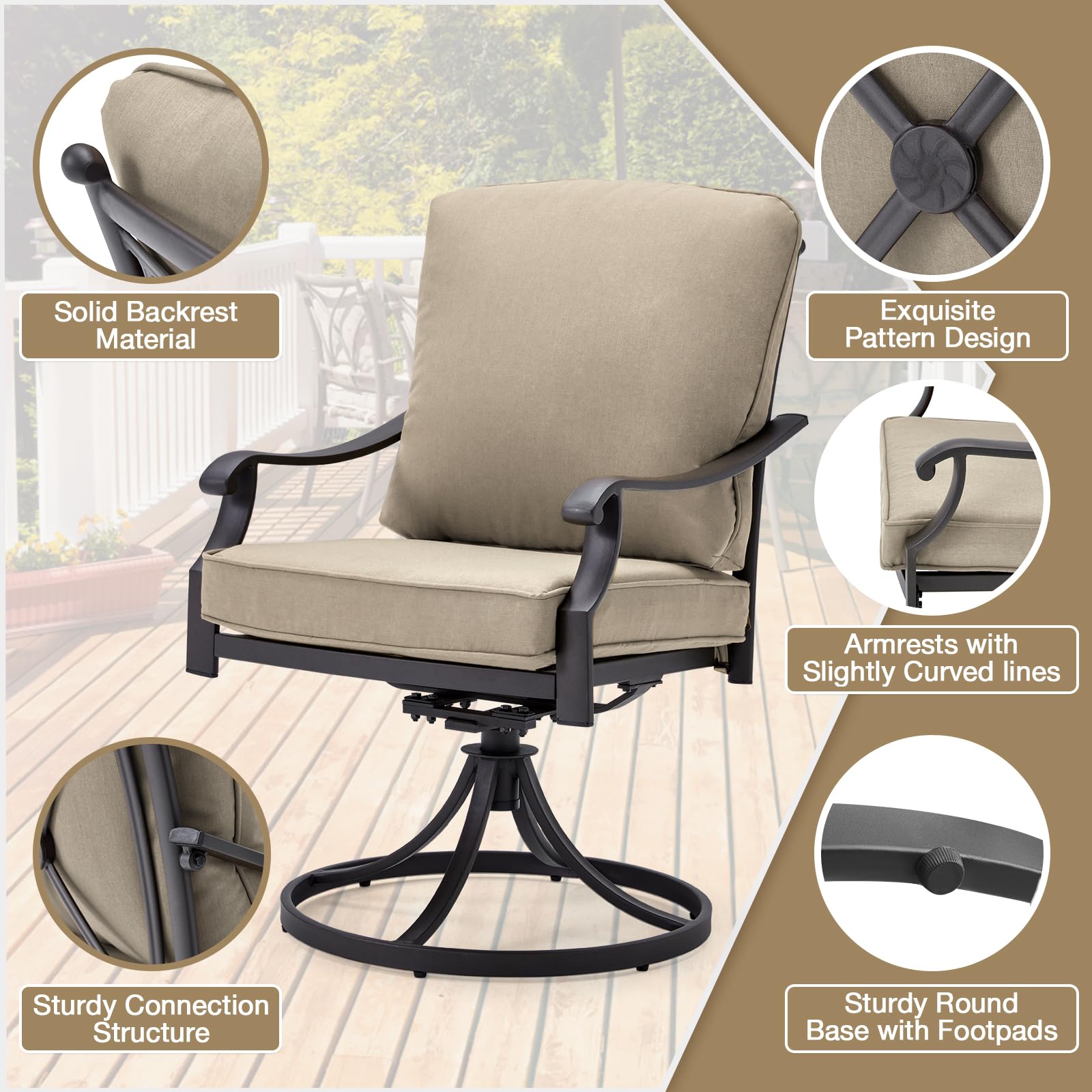 MELLCOM 2-Piece Patio Swivel Chair Set - Heavy Duty Outdoor Dining Chairs with Thickened Cushions, Gentle Rocking Metal Chairs for Garden, Lawn, Porch & Backyard - Khaki - Perfect for Outdoor Dining, Relaxing & Entertaining