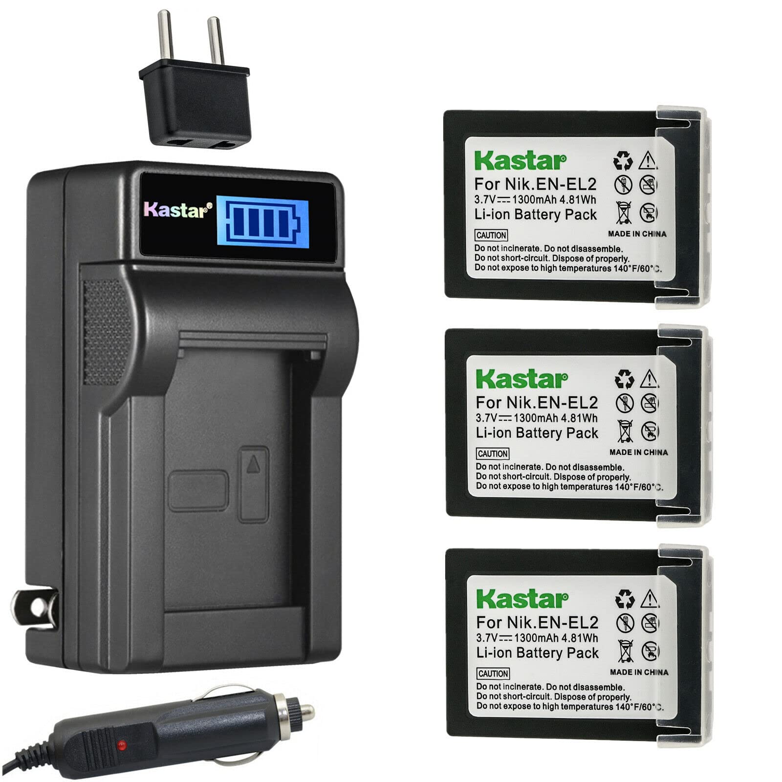 Kastar 3-Pack EN-EL2 Replacement Battery & LCD AC Charger Kit - Compatible with Nikon EN-EL2, MH-60 Charger, Coolpix 2500/3500/SQ Digital Cameras - Perfect for Travel, Photography & Backup Power