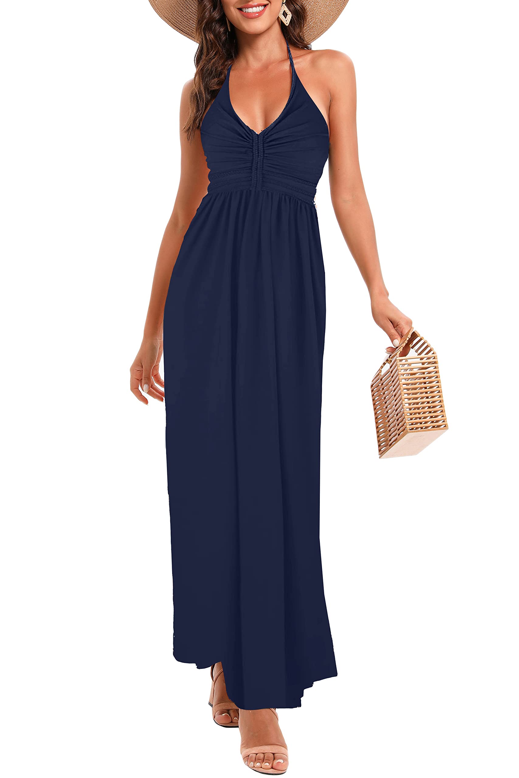 JYUNIF Women's Summer Floral Print Halter Neck Maxi Dress - Sleeveless Empire Waist Casual Beach Dress for Vacation, Party & Outdoor Events