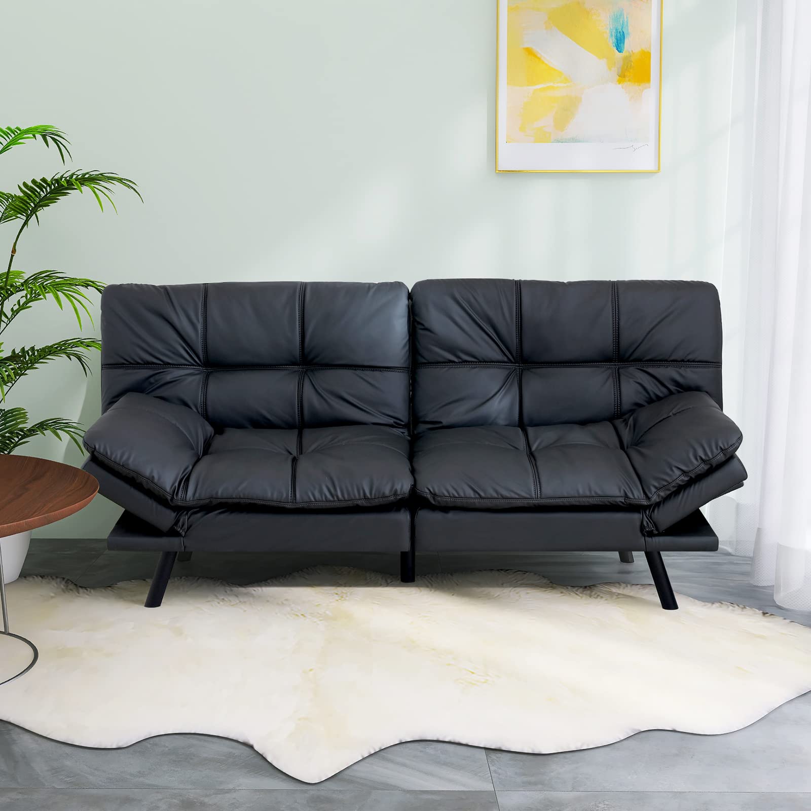 Hcore Convertible Futon Sofa Bed - Black Leather Memory Foam Loveseat Couch with Euro Lounger Design | Space-Saving Sleeper Sofa for Small Apartments, Dorms, Studios & Guest Rooms | Perfect for Compact Living Spaces, Home Offices & Multi-Functional Use
