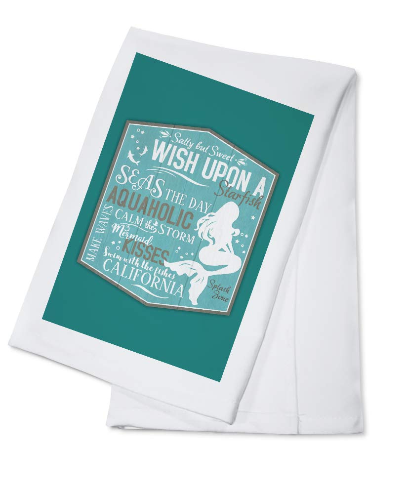 Mermaid Typography Tea Towel - 100% Cotton Decorative Hand Towel for Kitchen & Home | California Style Beach House Decor, Dish Drying, Gift Idea