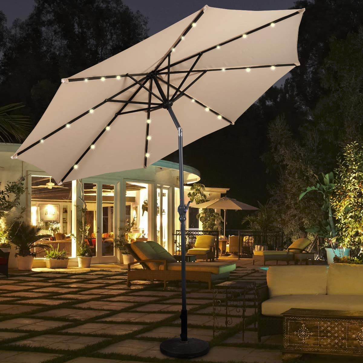 Byroce 10ft Solar LED Patio Umbrella with Tilt & Crank Lift - Heavy Duty Outdoor Sun Shade for Garden, Pool, Deck - Perfect for Backyard Relaxation and Outdoor Dining